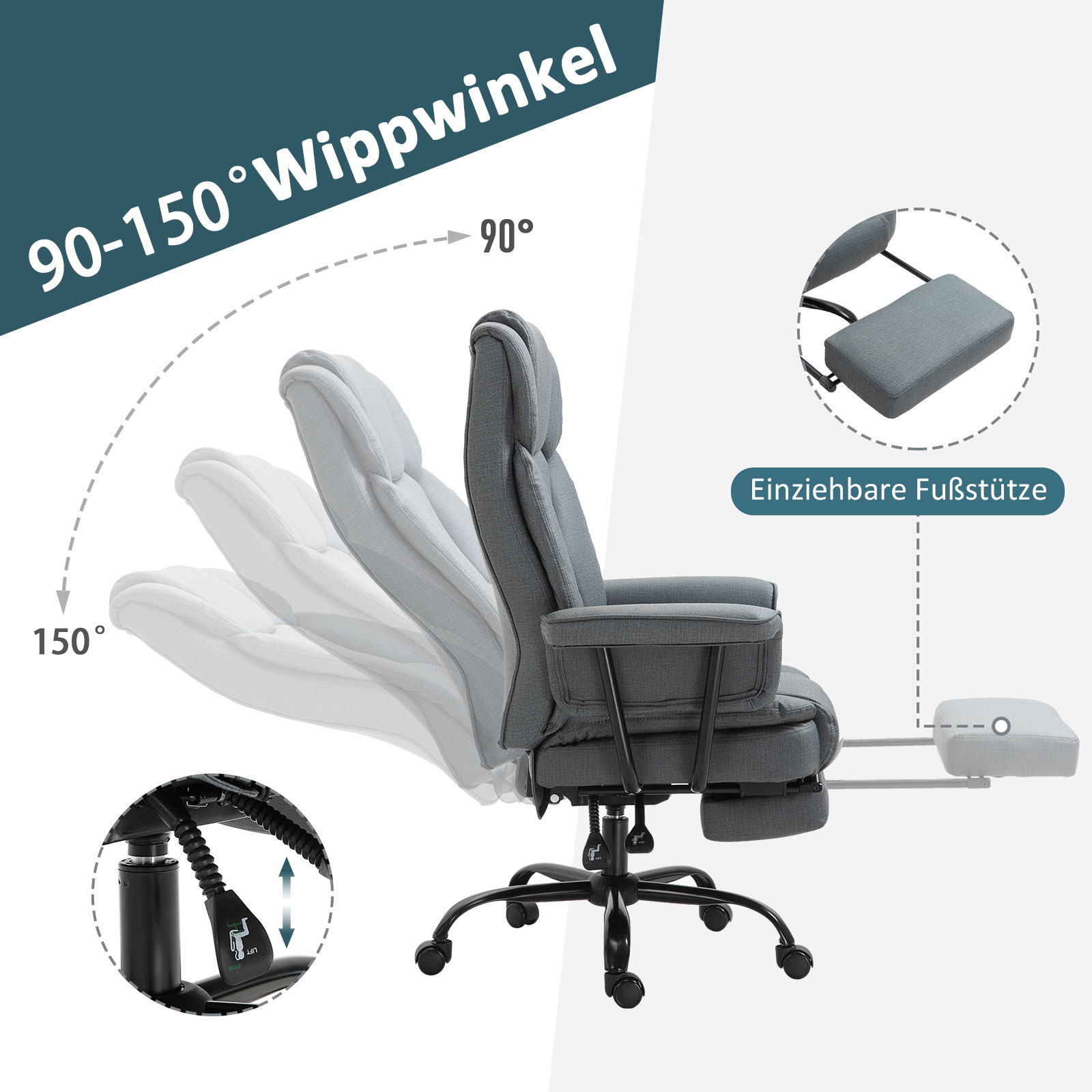 Bürostuhl Ergonomischer Chefsessel 360° Drehbar Computerstuhl höhenverstellbar mit Kopfstütze und gepolsterte Armlehnen mit Fußstütze Kunstleder 68 x 80 x 120-126 cm