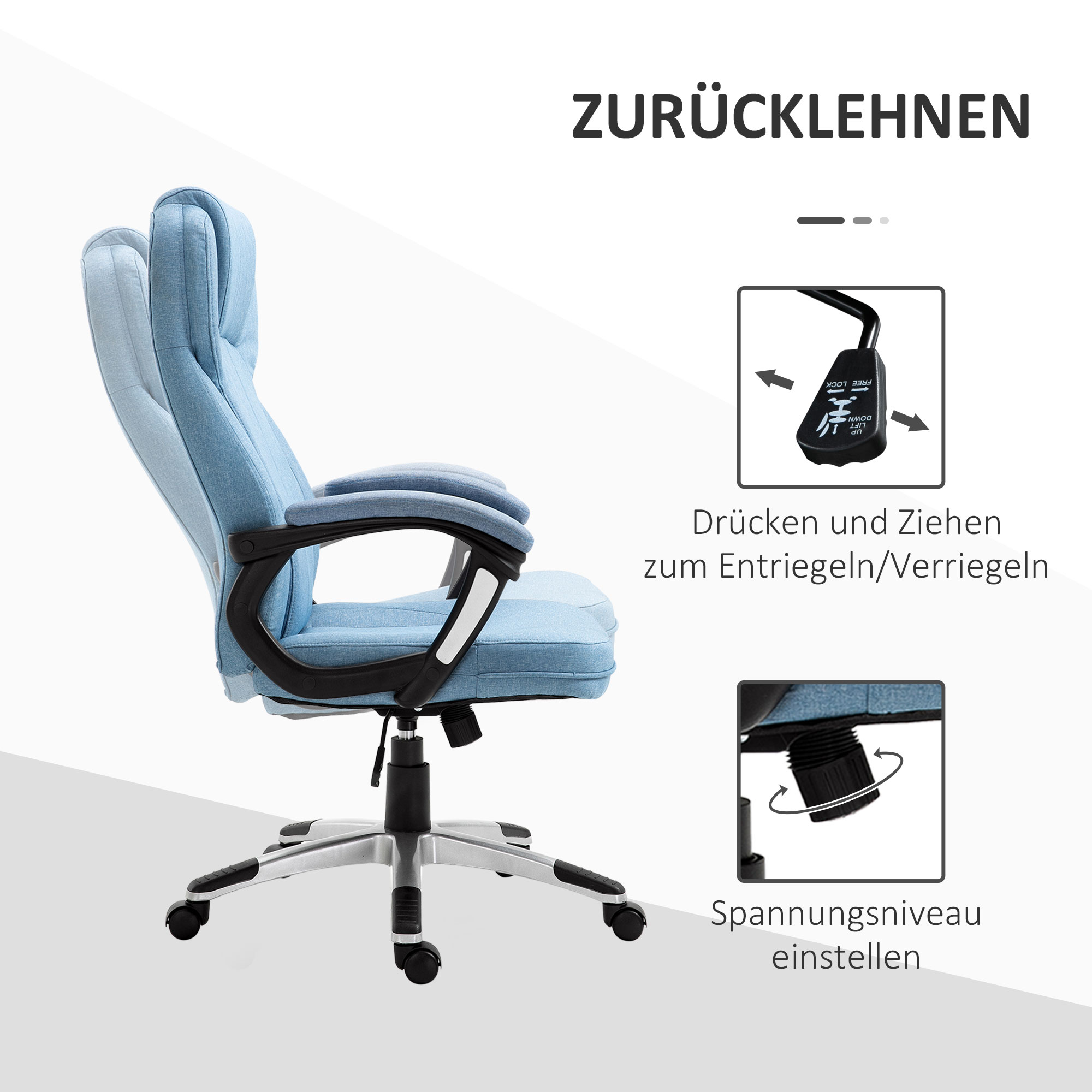 Bürostuhl Computerstuhl Drehstuhl höhenverstellbar Wippfunktion mit Kopfstütze und gepolsterte Armlehnen Ergonomisch Hellblau Leinen 66 x 75 x 110-120 cm