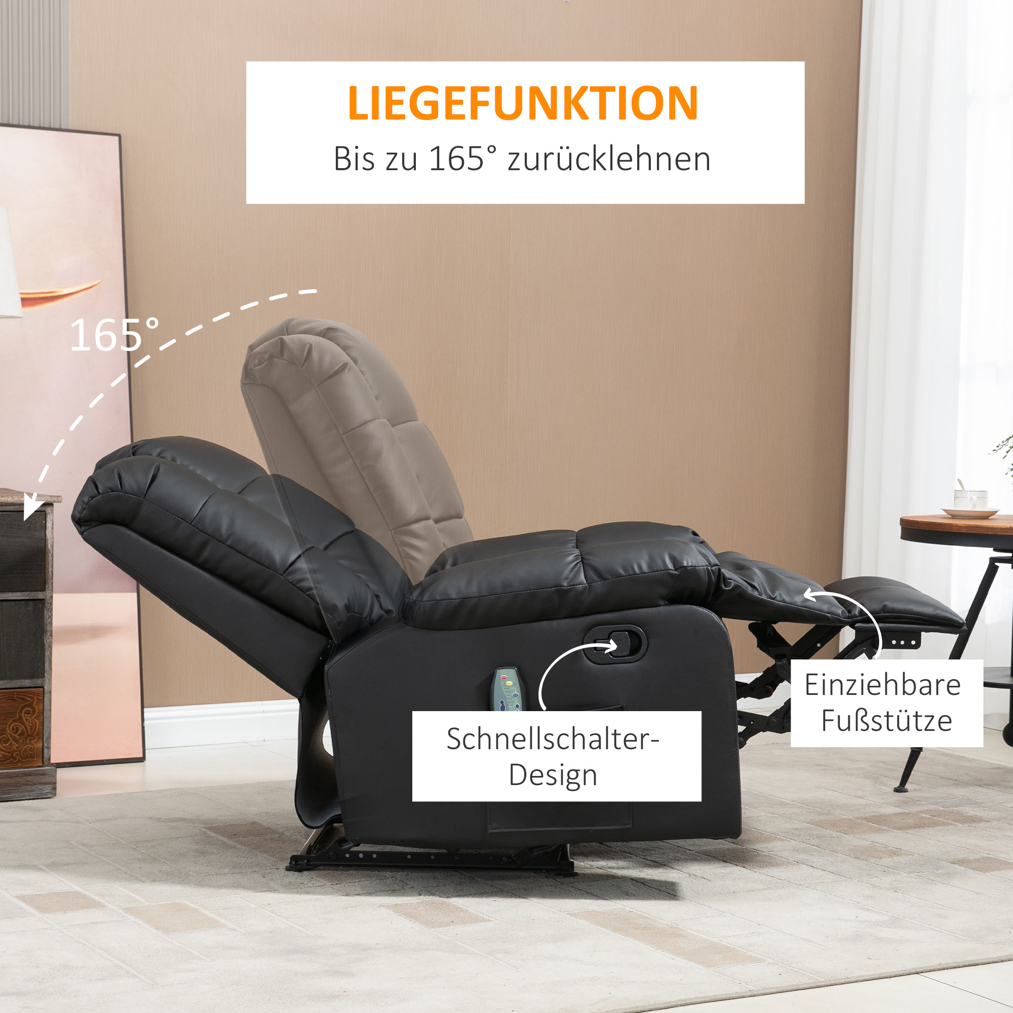 Massagesessel, Relaxsessel, 8 Vibrationspunkte, Liegefunktion, Kunstleder, schwarz, 94x99x99cm