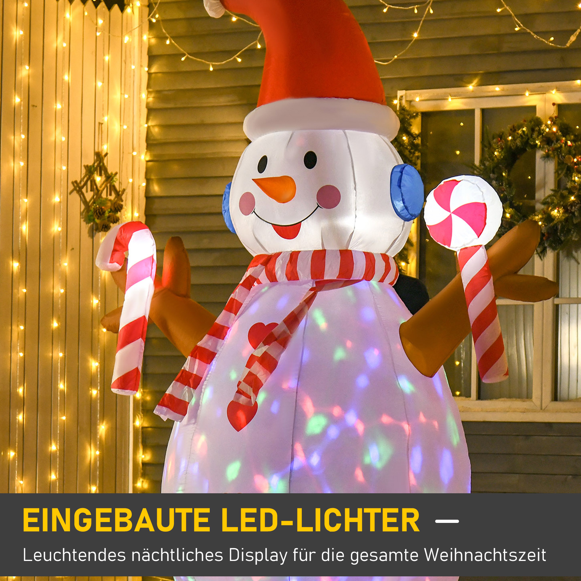 2,4 m aufblasbarer Schneemann mit rotierender Beleuchtung Weihnachtsdeko  für den Innen- und Außenbereich Garten Rasendekoration Party Weiß+Rot 180 x 100 x 240 cm