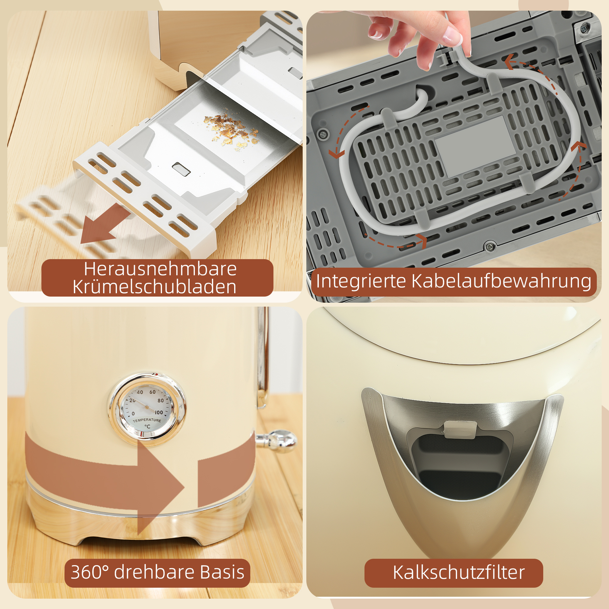 Wasserkocher- und Toaster-Set, 2200W, 7 Bräunungsstufen, versch. Funktionen, Creme