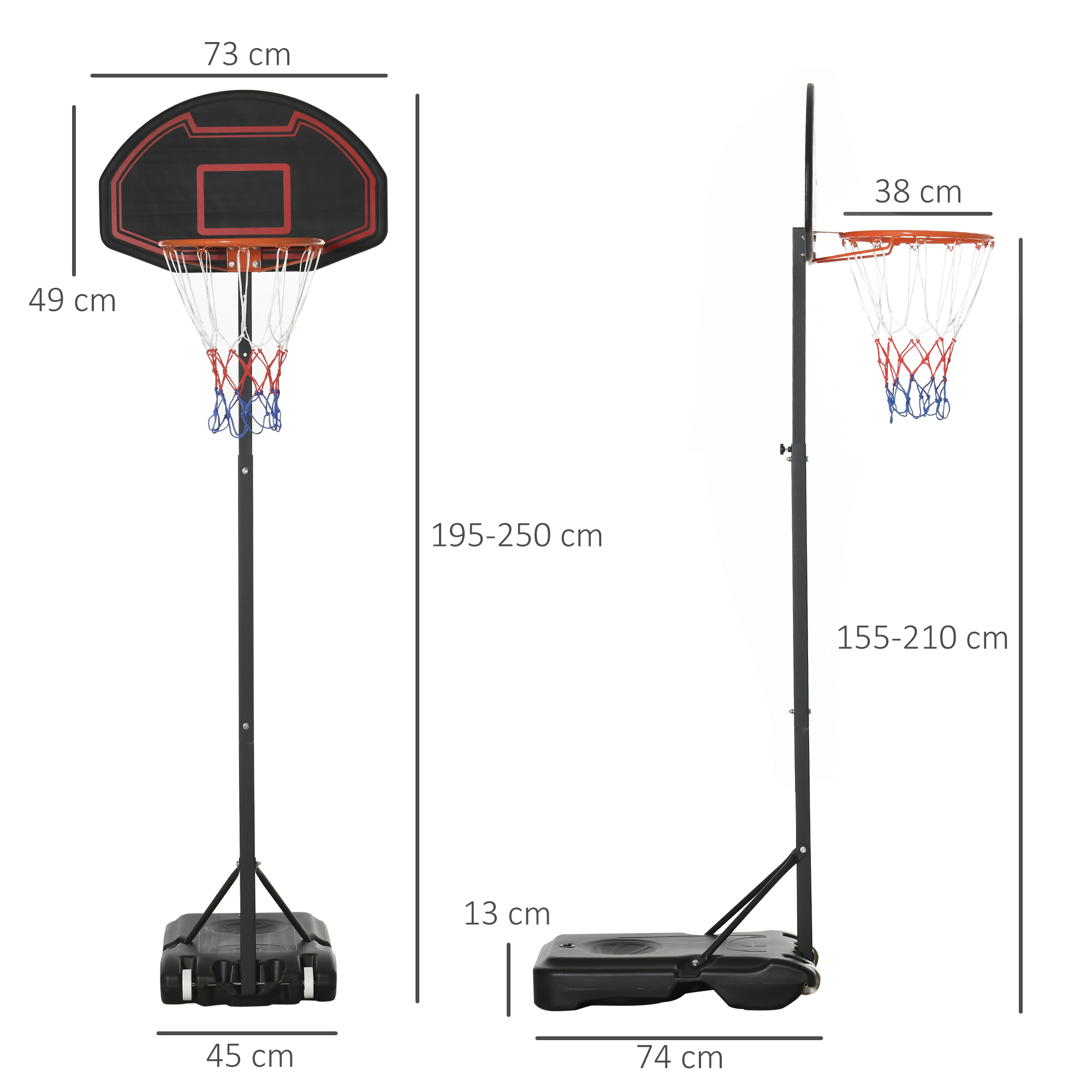 Basketballkorb, höhenverstellbar, befüllbarer Standfuß, hochstabil, schwarz, 131 x 49 x 195-250 cm