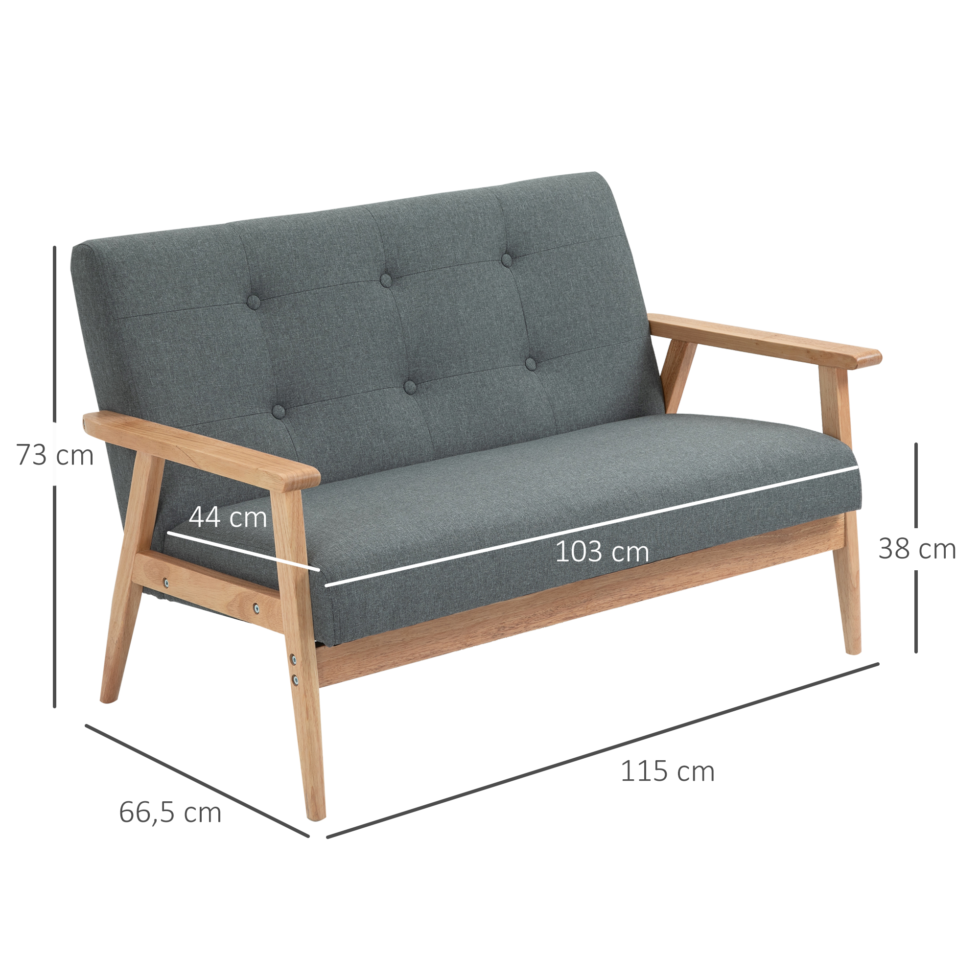 2-Sitzer Sofa, Couch mit Armlehnen, Rückenkissen, Wohnzimmersofa mit Leinenoptik, Polstersofa für Wohnzimmer, Schlafzimmer 115 x 66,5 x 73 cm, Dunkelgrau