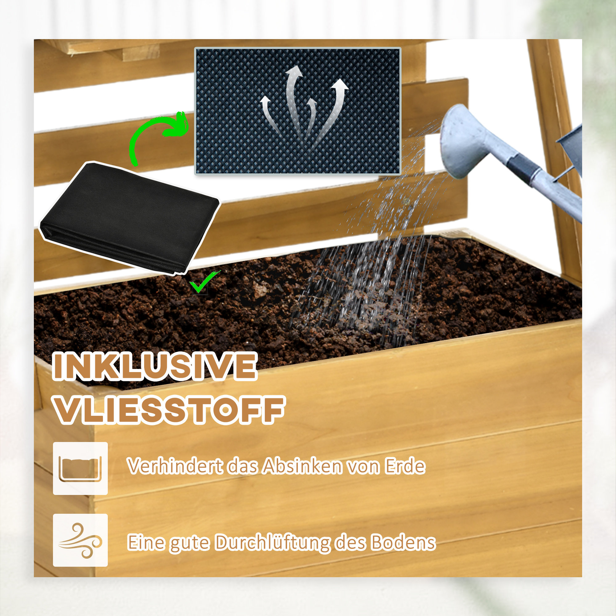 Hochbeet mit 3 Schubladen, inkl, Rankhilfe, wetterbeständig, Massivholz, 63 cm x 39 cm x 160 cm, Natur