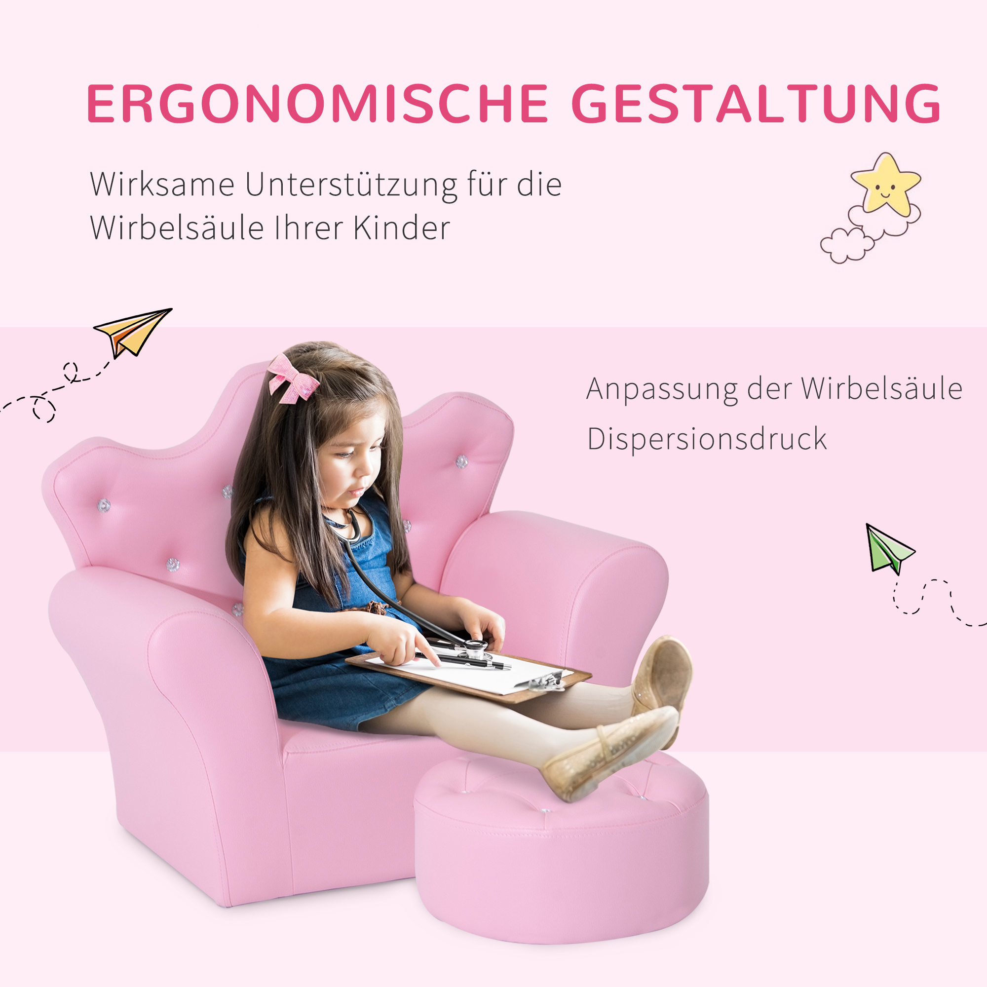 Spielsofa für Kinder, Kindersofa mit Ottomane, Kindercouch Prinzessinnen Spielsofa Kindercouch Mini Couch für Kuschelecke, Kinderzimmer, Spielzimmer, Schlafzimmer, Rosa