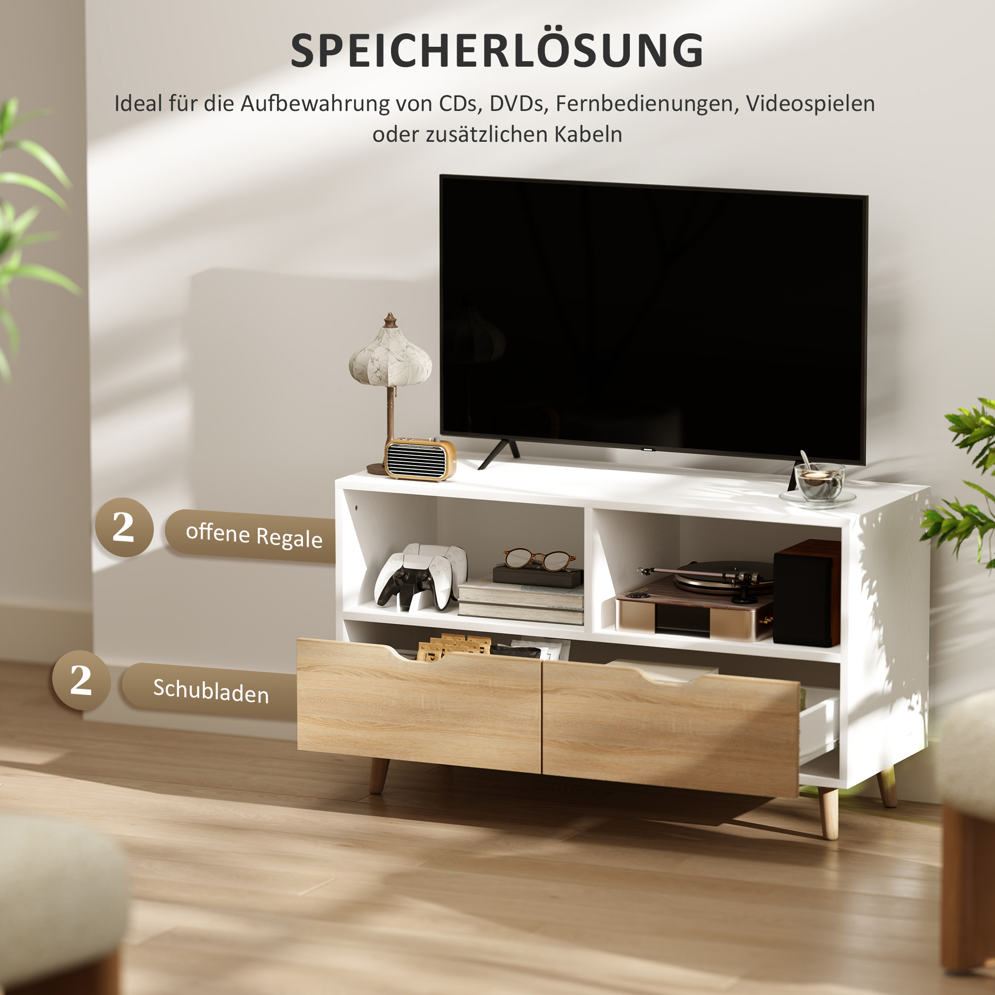TV-Schrank, TV-Kommode mit Schubladen, Offene Regale, Holz, 99 x 39 x 58 cm, Weiß
