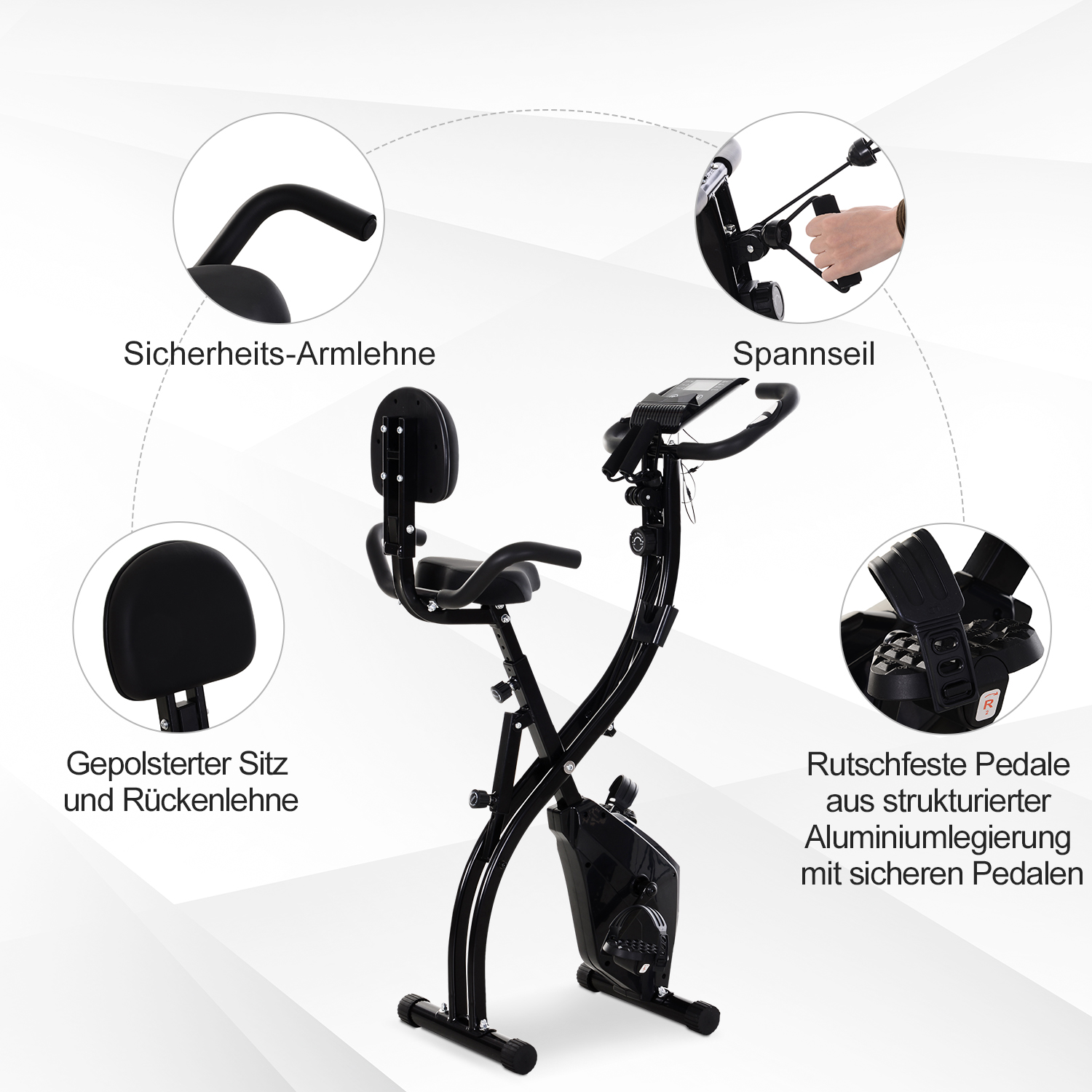 Heimtrainer X-Bike 2-in-1 Fahrradtrainer mit LCD-Display,Pulsmesser, klappbarer Hometrainer Trimmrad mit 8 stufig Magnetwiderstand, 1 Paar Spannseil, Stahl Schwarz 105x48x118 cm