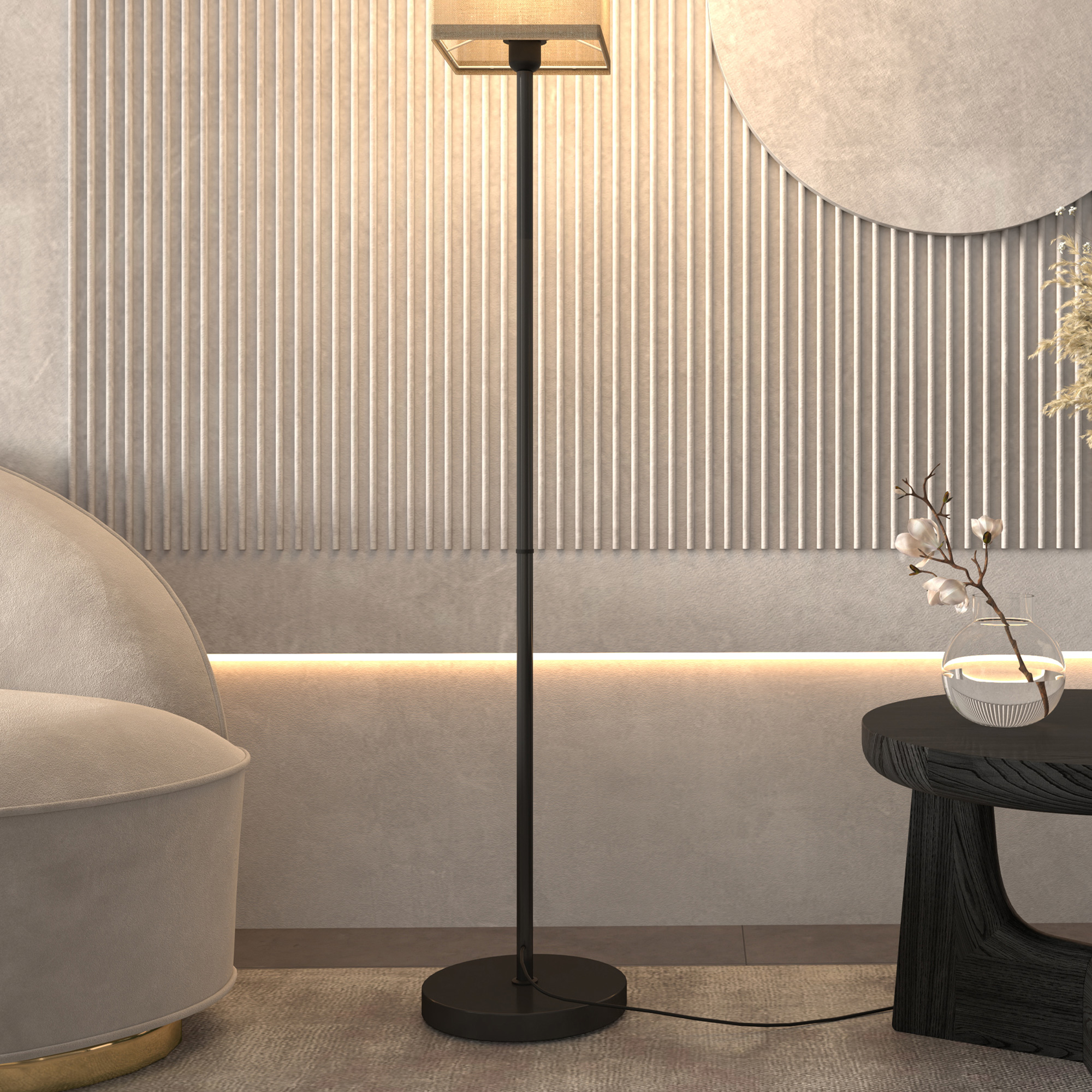 Moderne Stehlampe mit Kunstleinen-Schirm und Fußschalter, für Wohnzimmer und Schlafzimmer, Metall, Schwarz