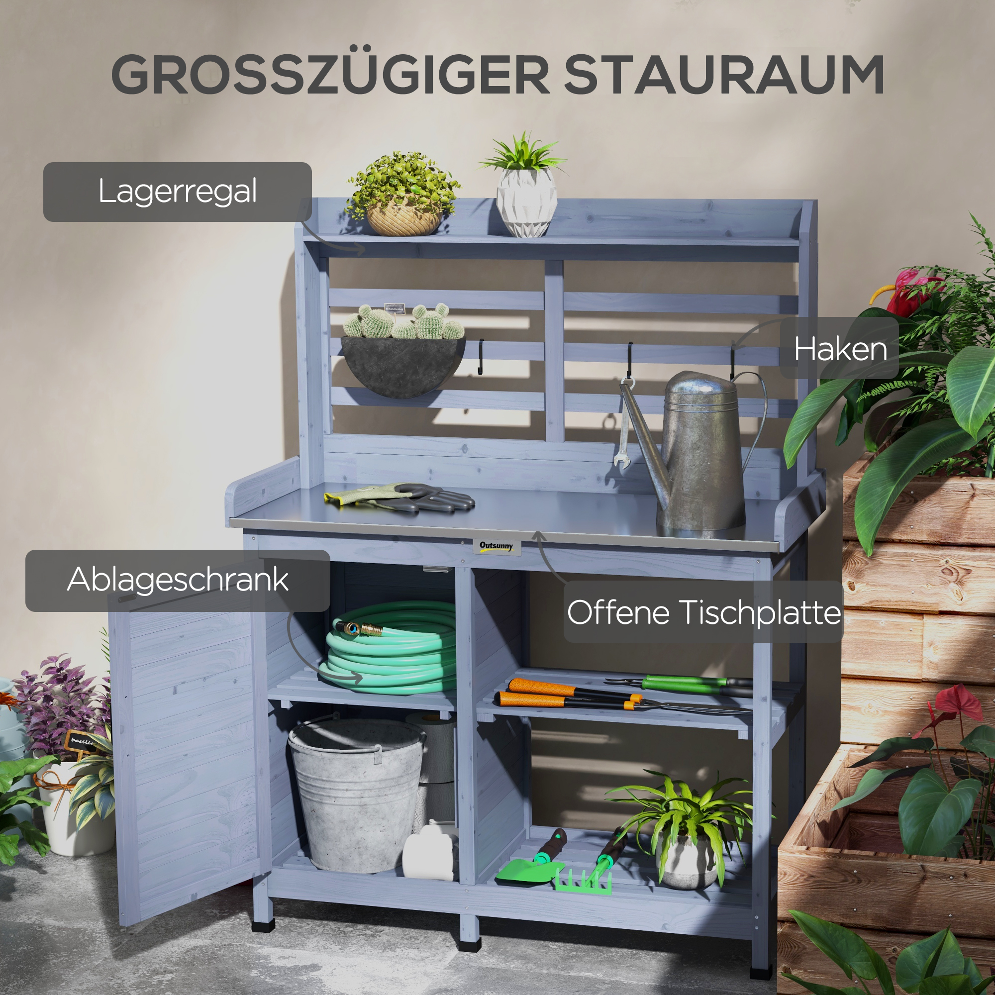 Gartentisch mit Schrankfach, Aluminium-Arbeitsfläche, Stauraum, 112x47x146cm, Grau