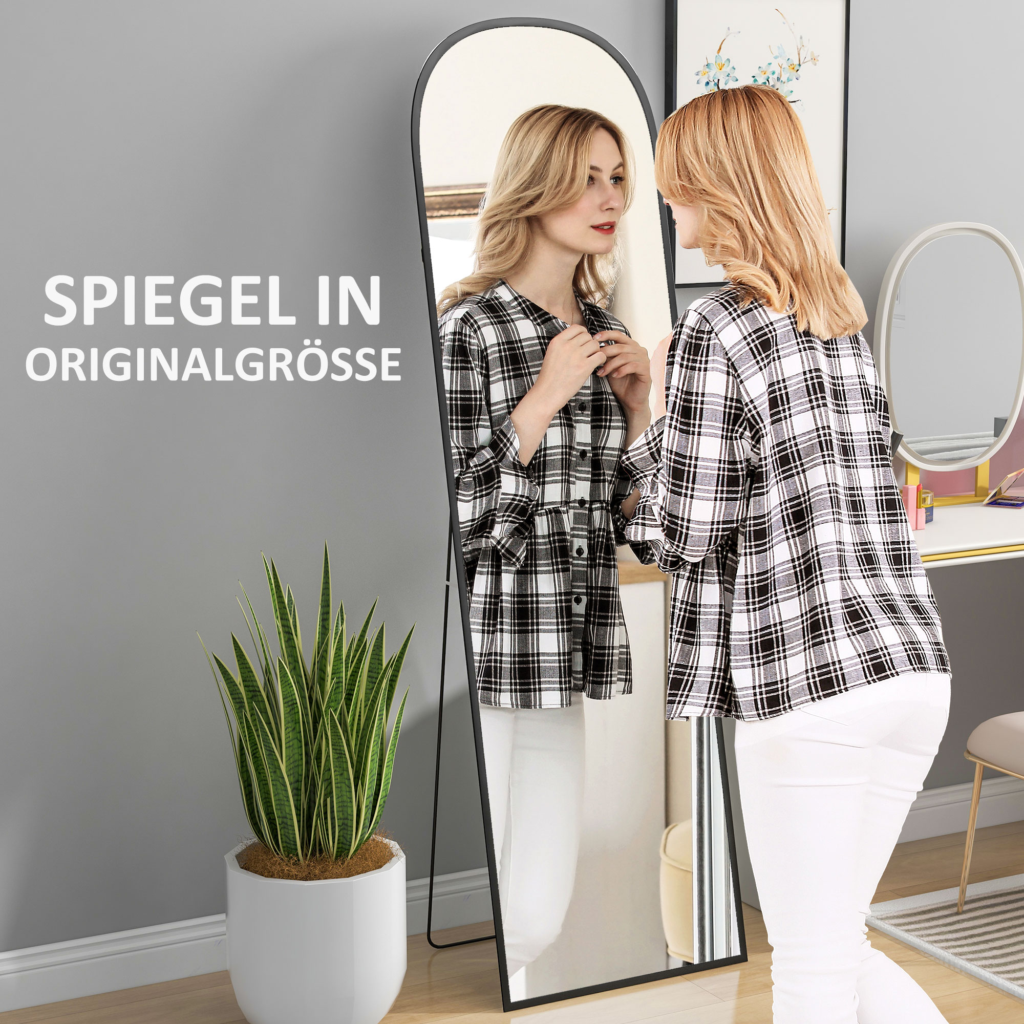 Standspiegel, Ganzkörperspiegel, modernes Design, 50 cm x 1,5 cm x 161,5 cm, Schwarz