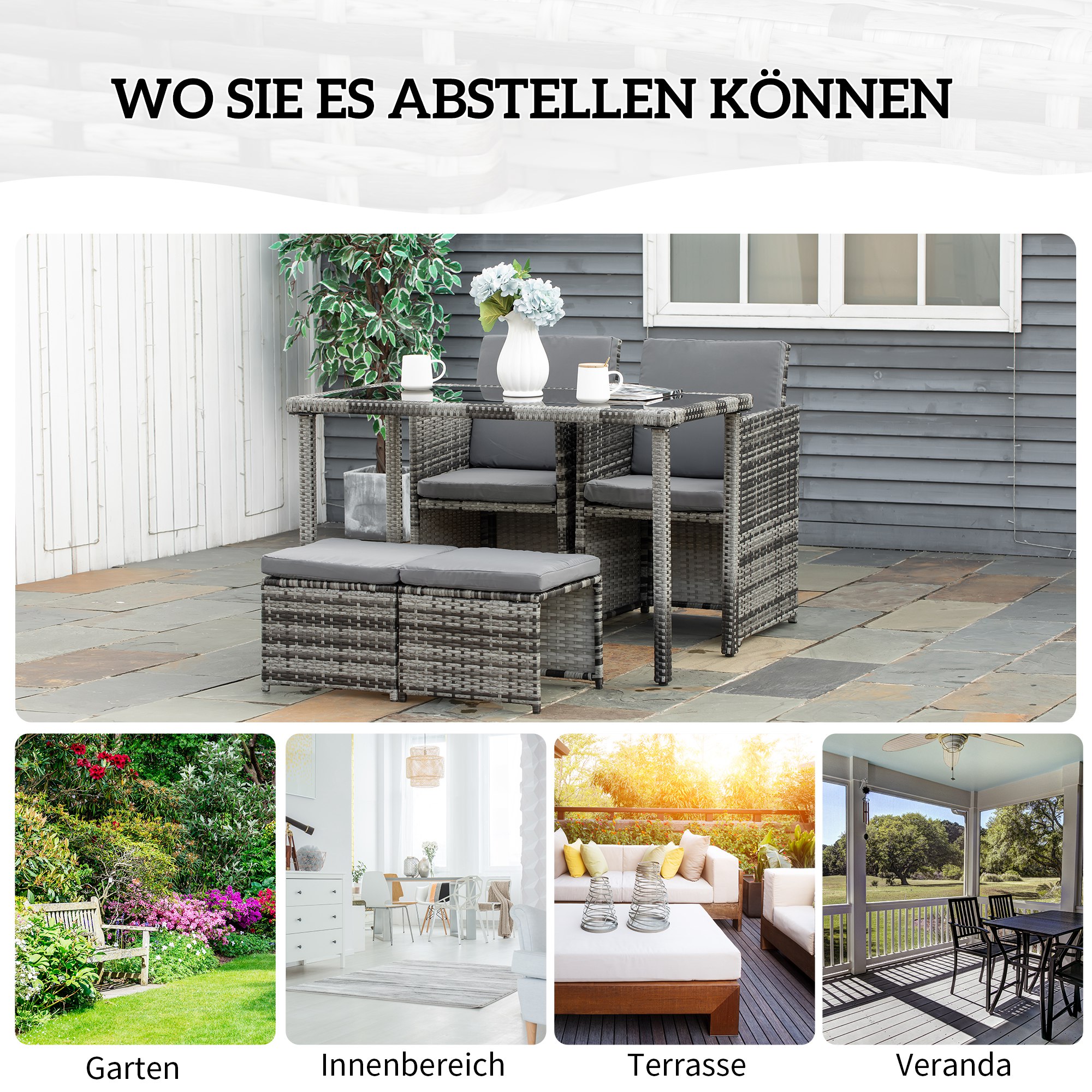 Polyrattan Sitzgruppe für 4 Personen Essgruppe Gartenset Garnitur mit Kissen, Grau
