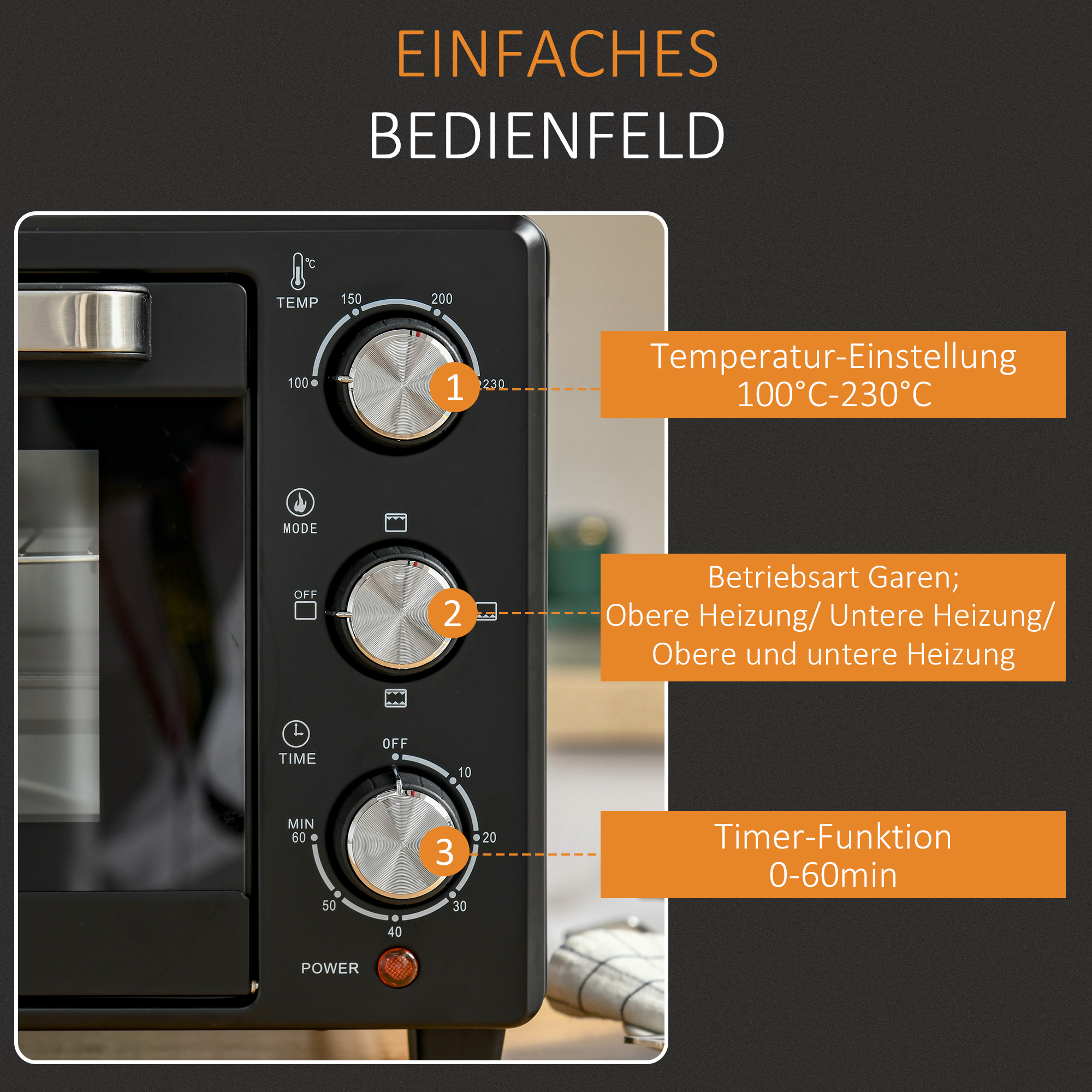 Minibackofen, 21 L Toasterofen mit 1 Drahtgestell und 1 Backblech, 3 Kochmodi, 100 °C-230 °C, Edelstahl, Glas, Schwarz