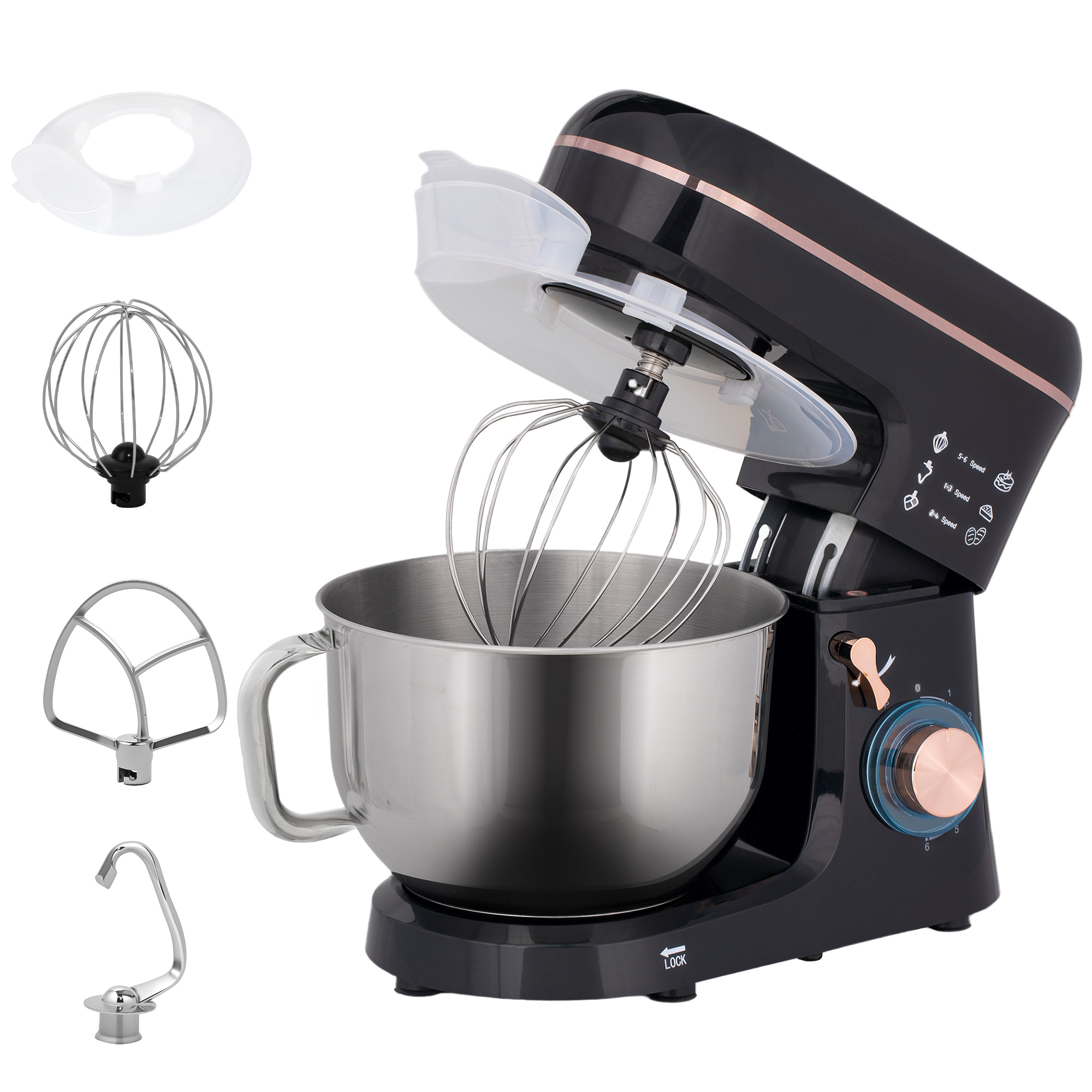 Standmixer, Küchenmaschine, Rührgerät, 6 Stufen, 5,5L Edelstahlschüssel, Schwarz