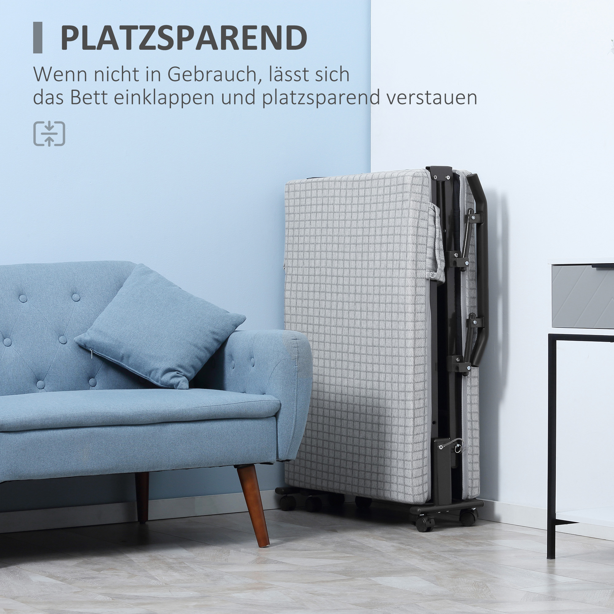 Klappbett, Gästebett, neigbare Rücklehne, Armlehnen, 8 Rollen, Stahlrahmen, hellgrau+schwarz, 190 x 76 x 33cm