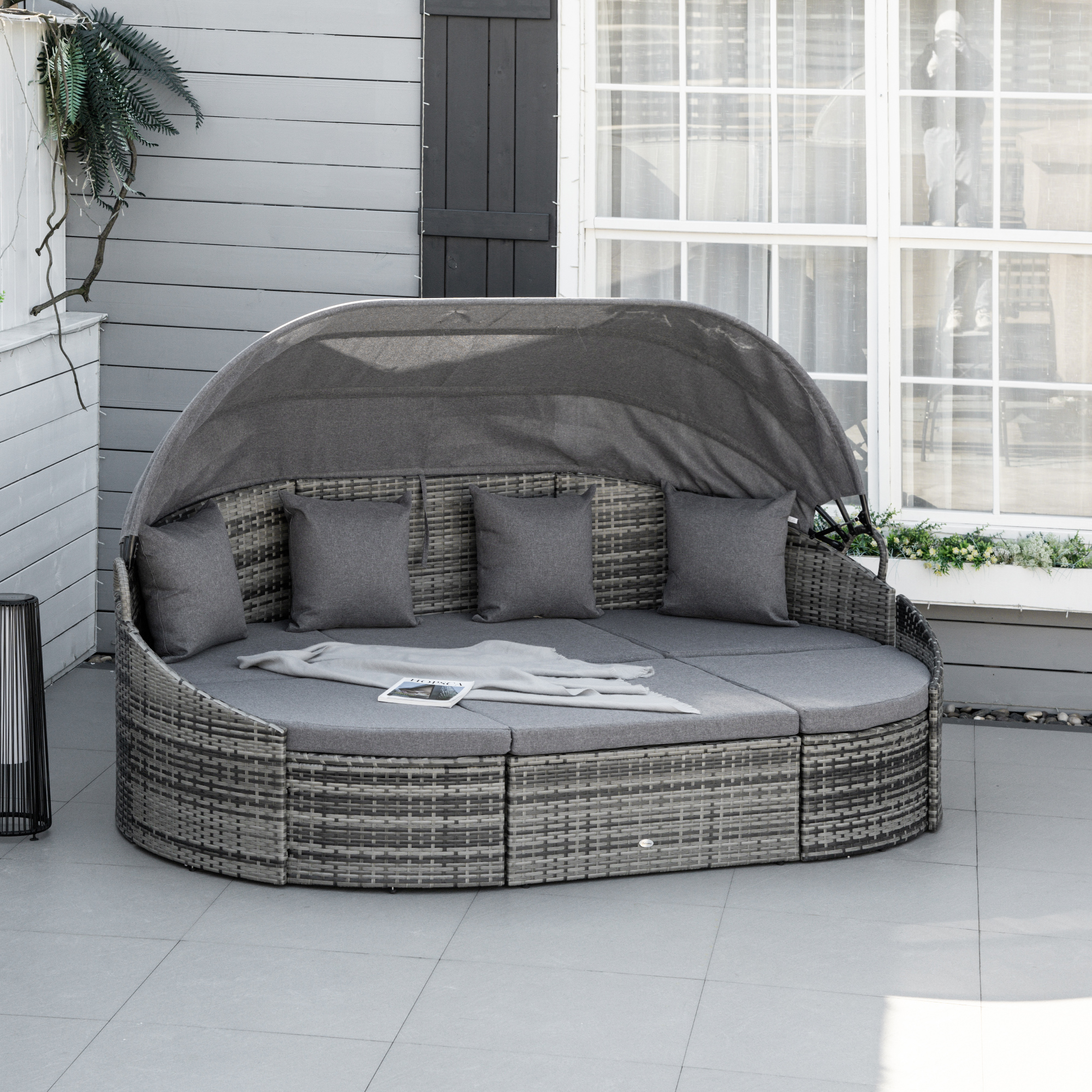 Rattan Sonneninsel 4-teilige Liegeinsel mit Sonnendach Sitzgruppe 4 Kissen Metall Grau 230 x 145 x 80 cm