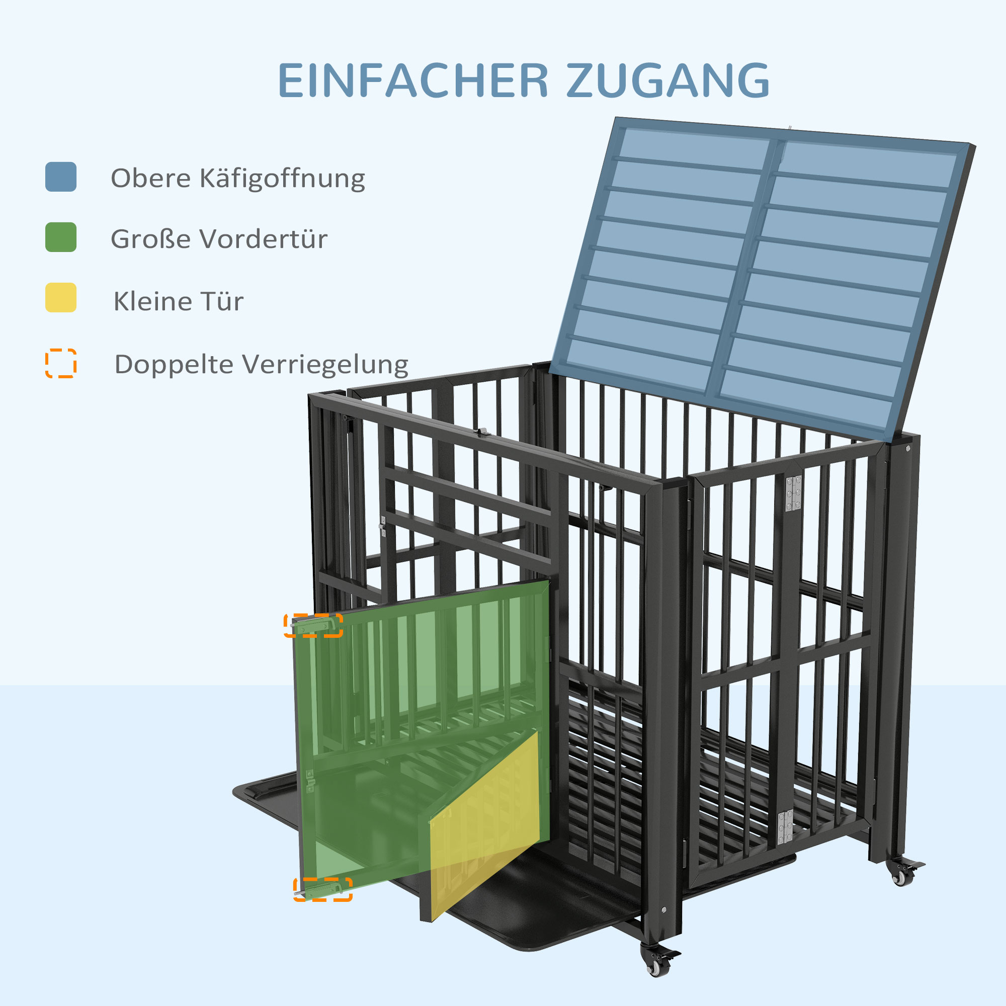Hundebox Hundekäfig, inkl. Bodenwanne, Verriegelung, Universalrollen, 94 cm x 58 cm x 78 cm, Schwarz