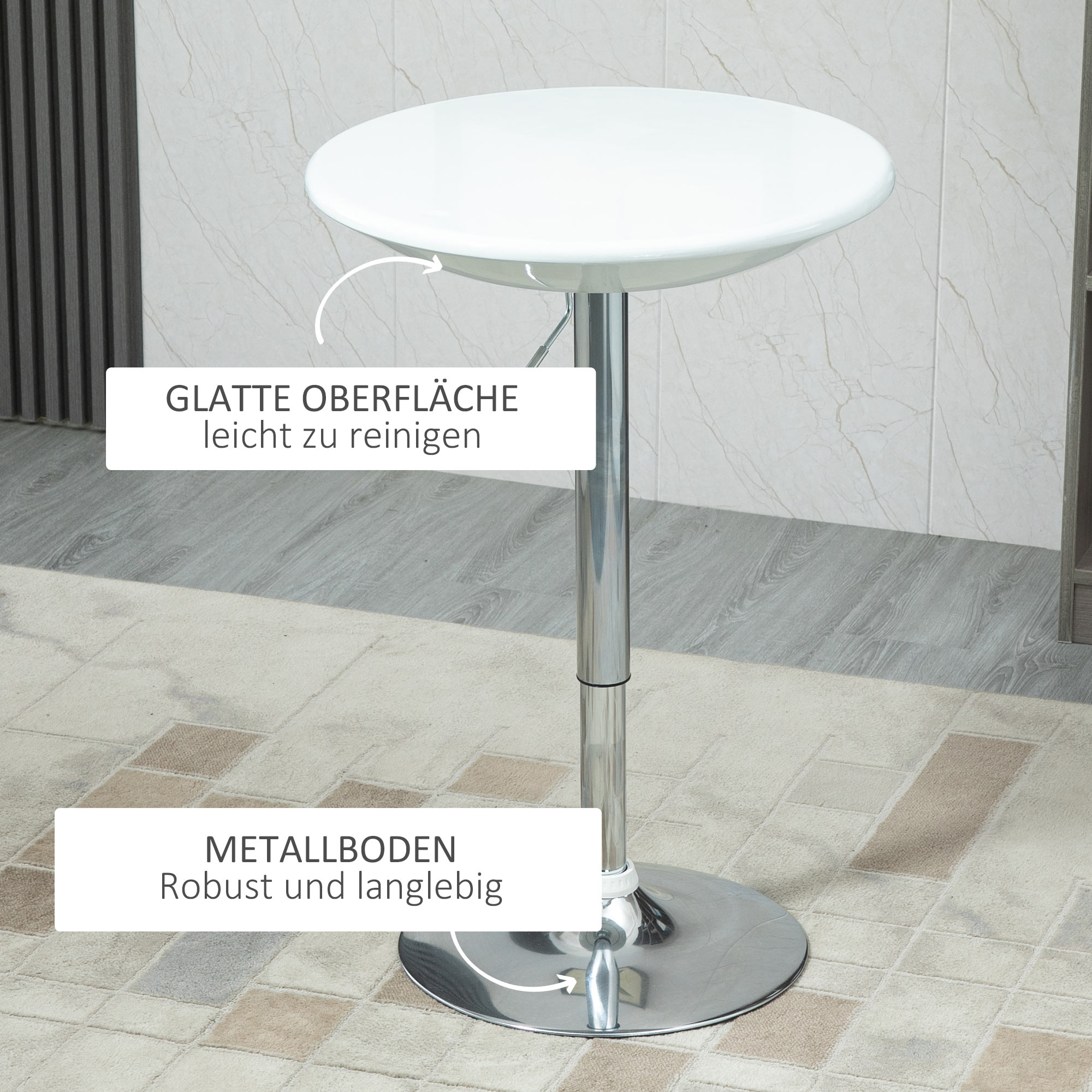 Bartisch moderner Esstisch höhenverstellbarer Bistrotisch Stehtisch Tresentisch Schreibtisch rund Metall ABS-Lackierung Weiß Ø61 x 76-97 cm