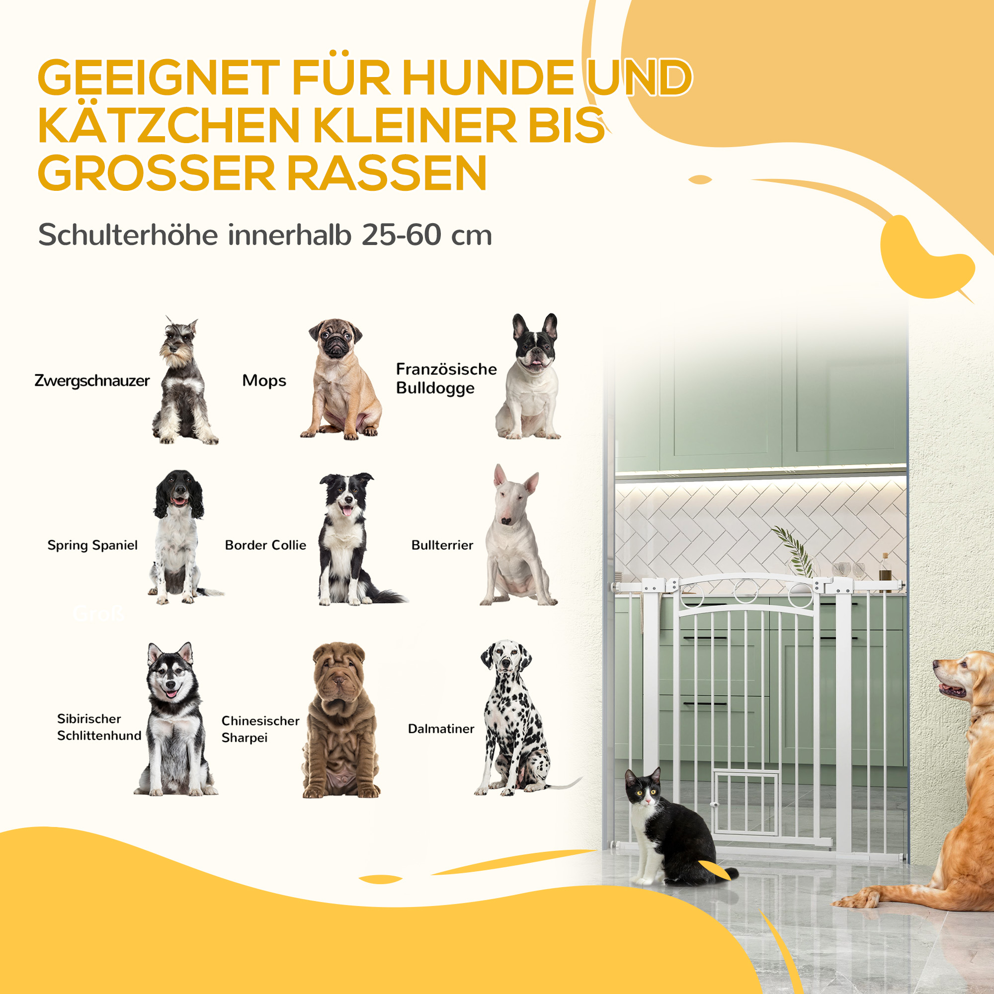 Haustiertor, 96 cm Treppengatter, verstellbare Breite 76-104 cm, mit Katzentür, für Treppen und Türöffnungen, Weiß