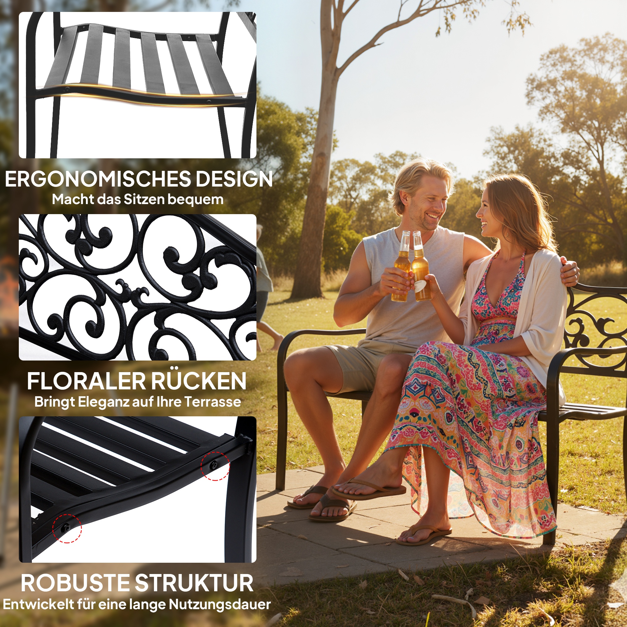 2-Sitzer Gartenbank Parkbank mit ausziehbarem Tisch Sitzbank Bank 240kg belastbar Terrassenbank mit Rücken- & Armlehnen Gartenmöbel für Terrasse, Garten Außenbereich 150x58,5x90 cm Schwarz