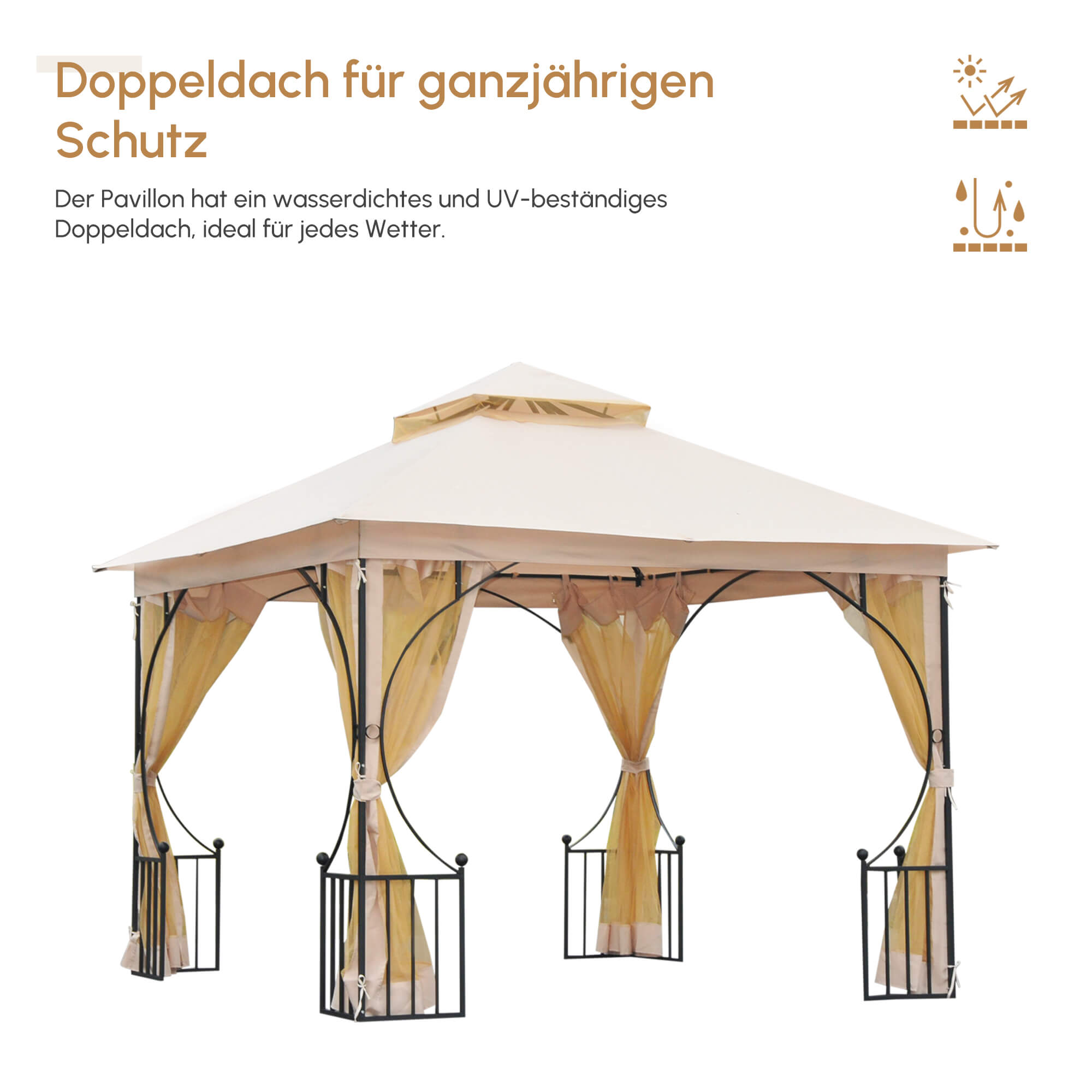 Gartenpavillon Gartenzelt,  inkl. Befestigungsmaterial, wetterbeständig, 295 cm x 295 cm x 275 cm. Beige + Schwarz