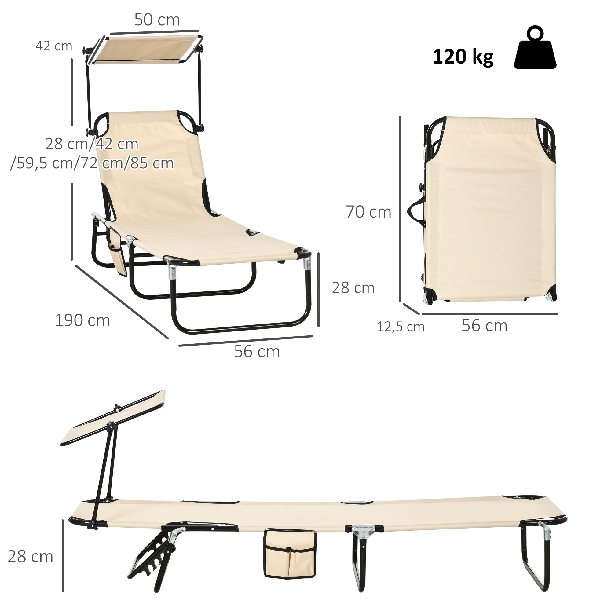 2er Set Sonnenliege klappbar Gartenliege mit Sonnendach 5-Fach höhenverstellbarer Rückenlehne Braun
