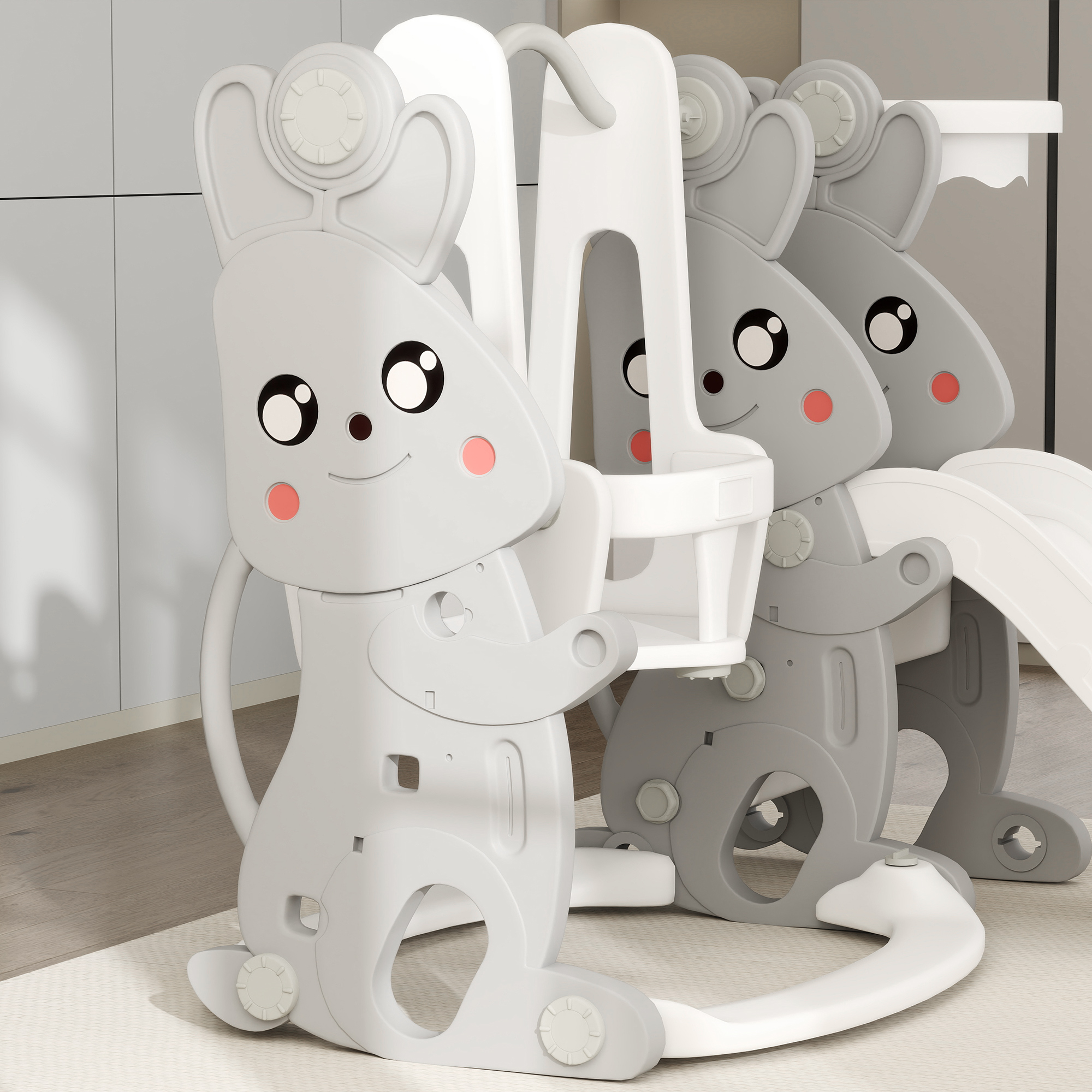 4-in-1 Spielset für Kleinkinder, Rutsche, Schaukel, Klettergerüst, Basketballkorb, Kunststoff, Hasendesign, Grau