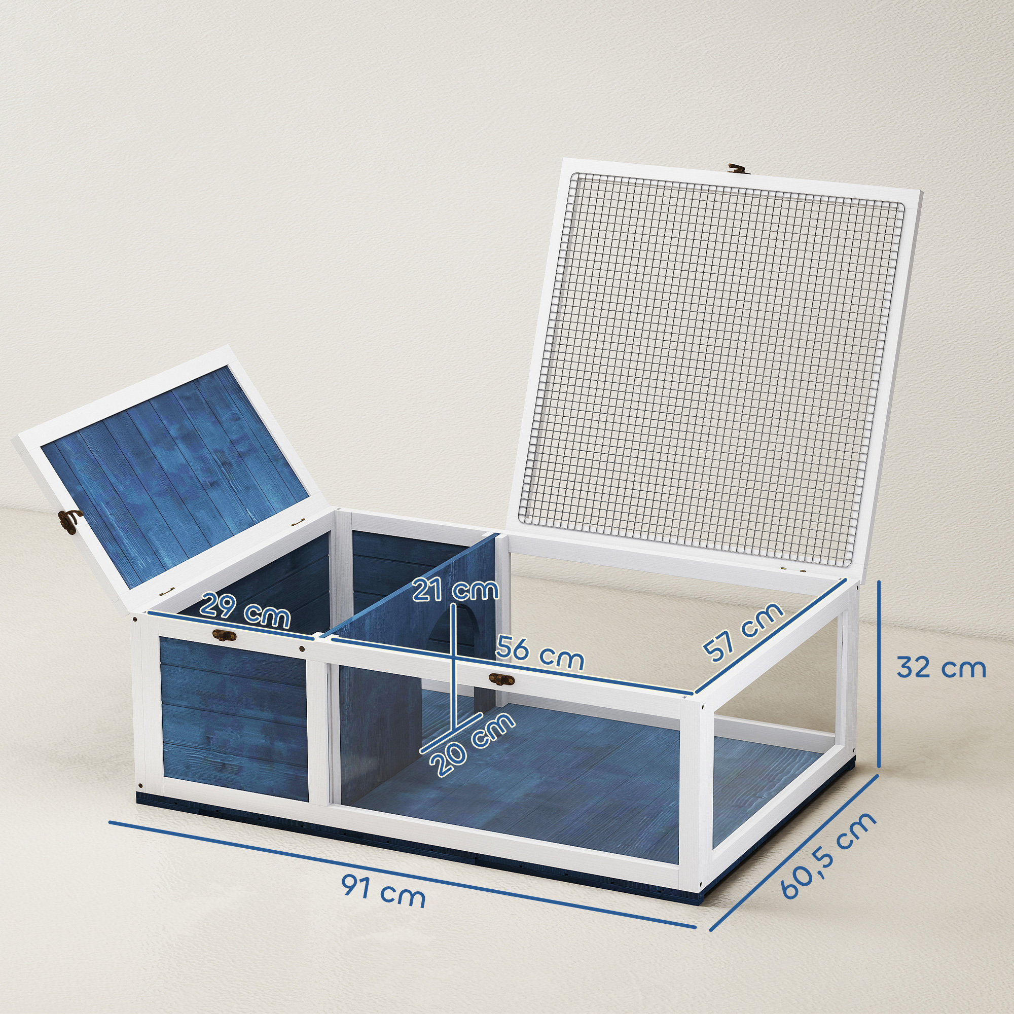 Schildkrötenhaus aus Holz Schildkrötengehege mit Haupthäusern aufklappbarem Oberseite 91x60,5x32 cm, Blau