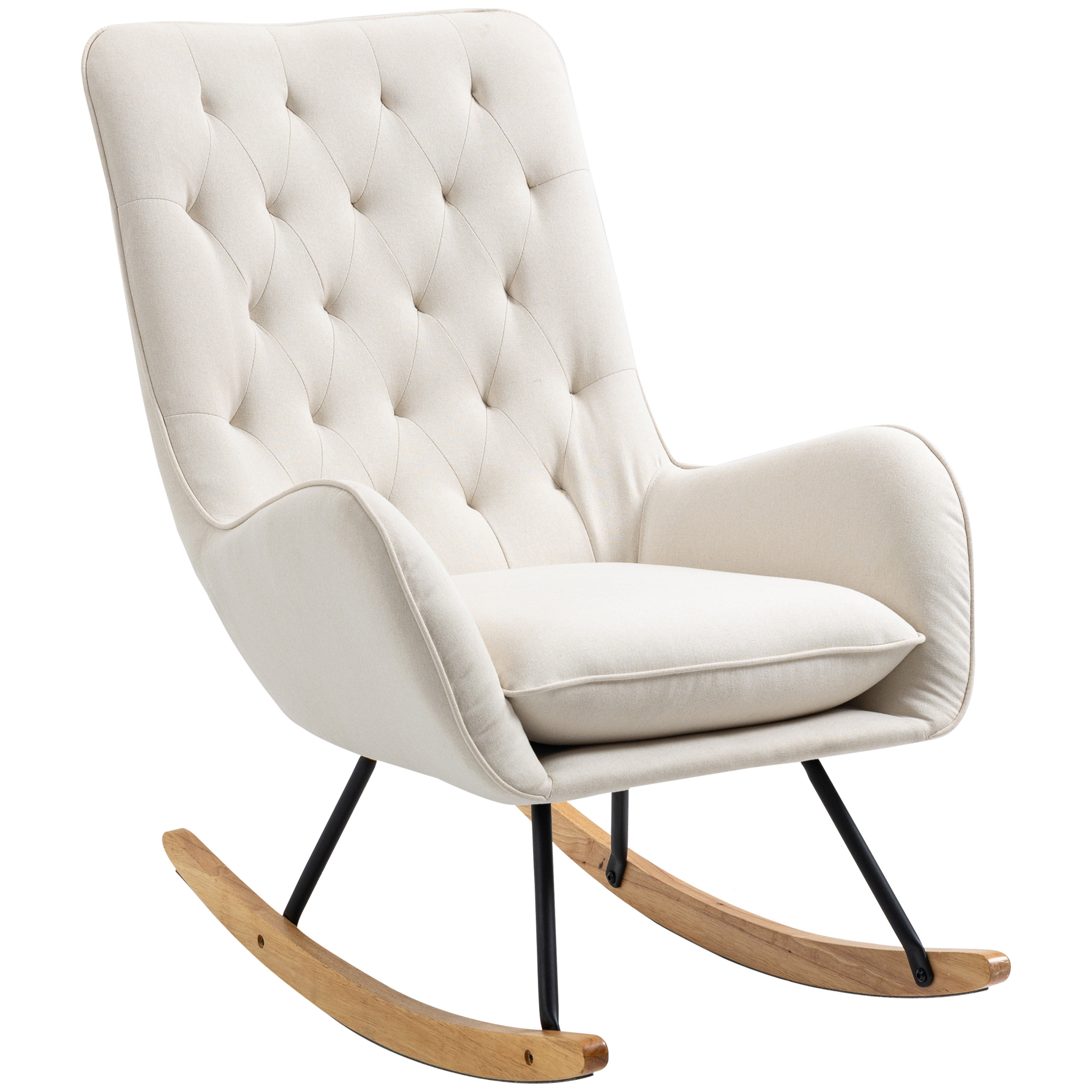 Schaukelstuhl im Skandi-Design Relaxsessel, Knopfheftung, 69 cm x 90 cm x 100 cm, Creme + Natur + Schwarz