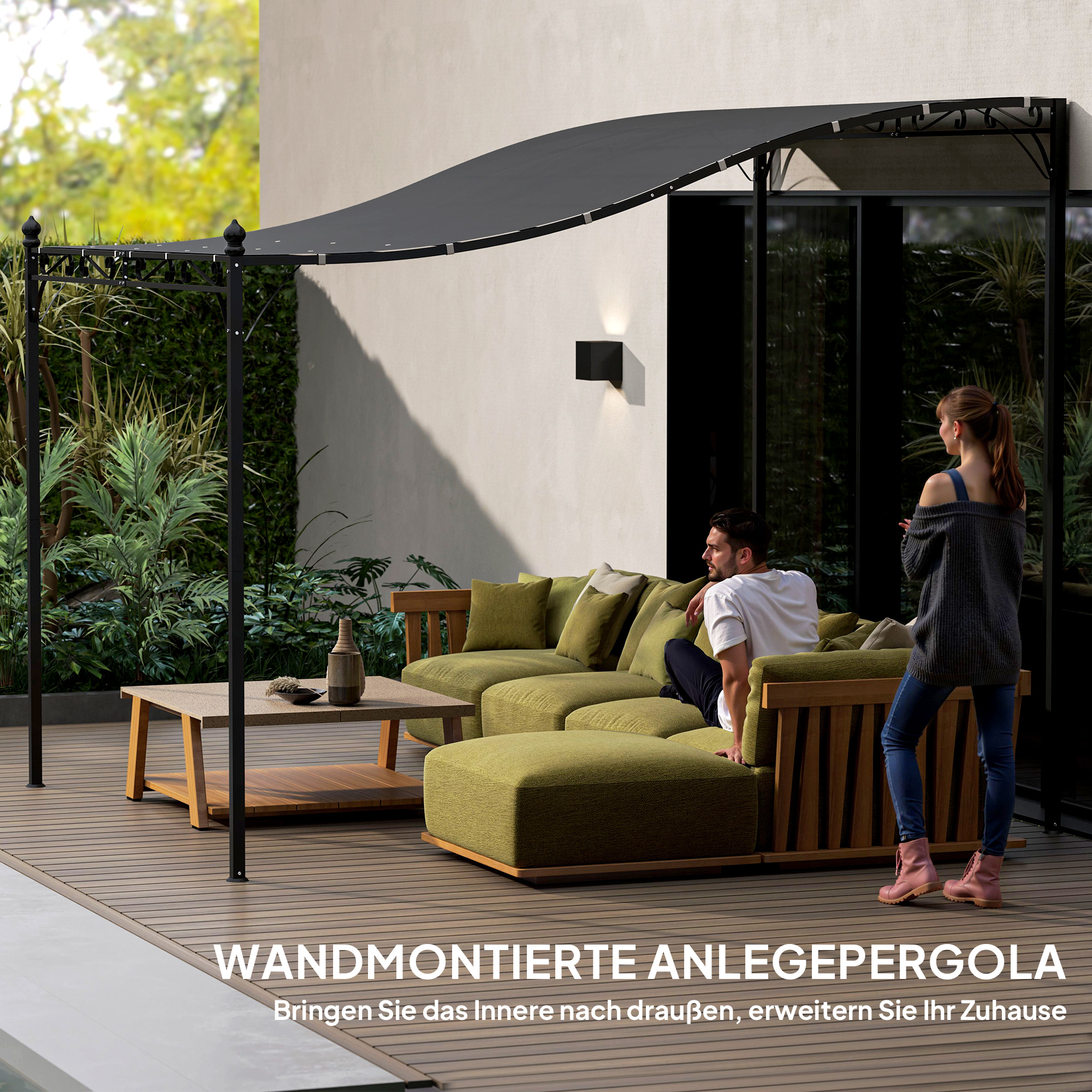 2,5 x 3 m Pergola, Wandmontierter Garten-Pavillon, wasserbeständig, Metallrahmen, Ablauflöcher, Schattendach, Dunkelgrau