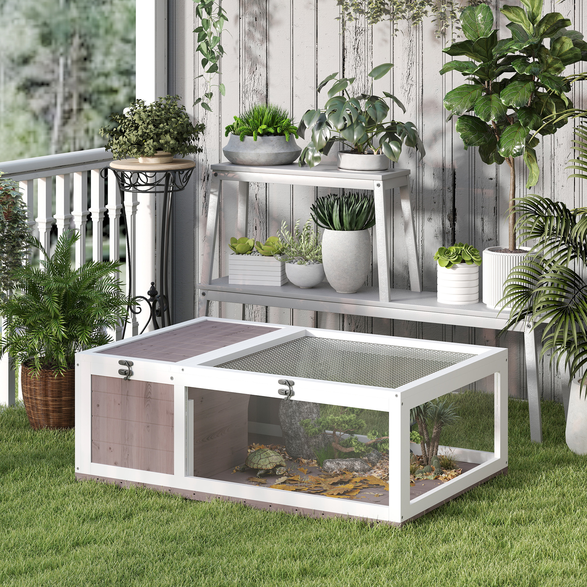 Schildkrötenhaus aus Holz Schildkrötengehege mit Haupthäusern aufklappbarem Oberseite 91x60,5x32 cm, Braun