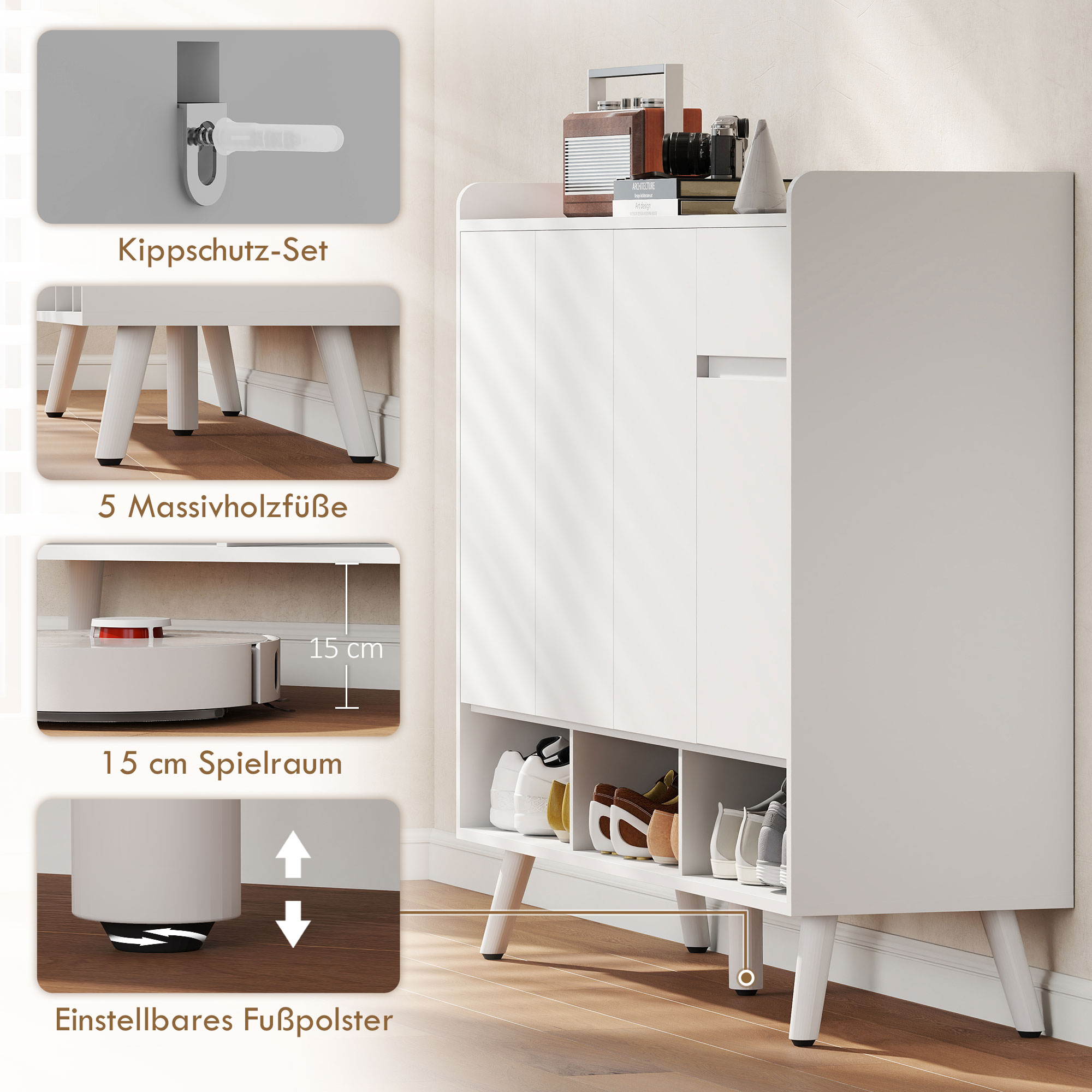 Schuhschrank mit grifflosem Design, 4 Türen, 4 verstellbare Regale, freistehendes Schuhregal mit 5 Holzbeinen, Holz, Weiß