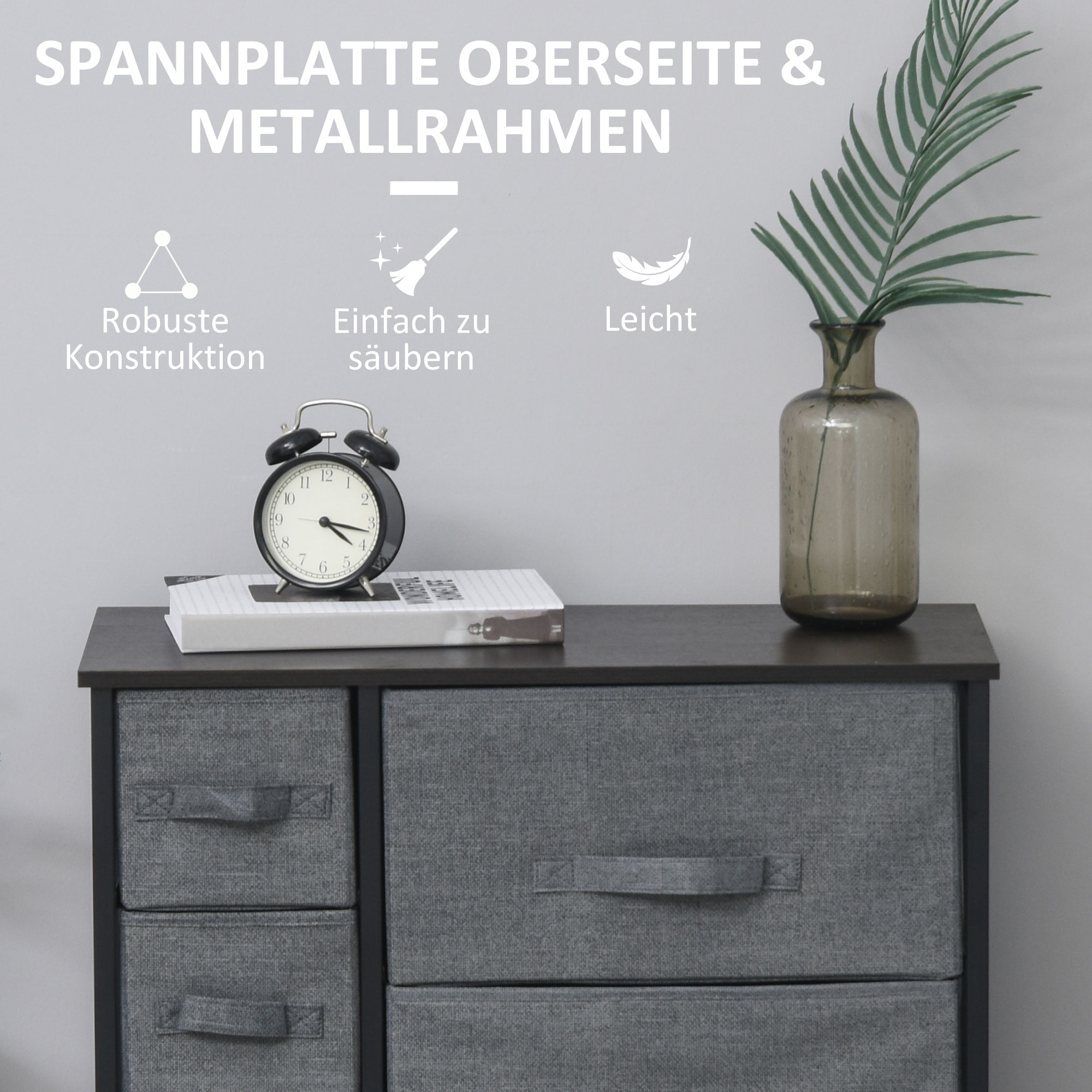 Kommode mit 7 faltbaren Stoffschubladen, Vlies, Metallgestell, 63,5 x 30 x 71 cm, Dunkelgrau