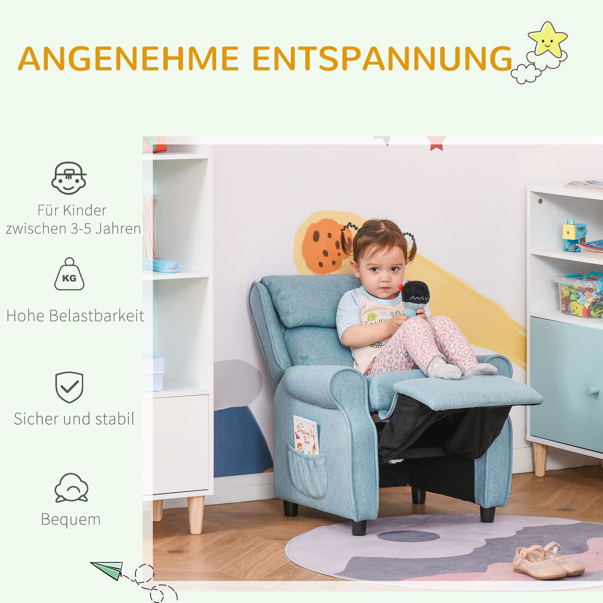 Kindersofa Kindersessel mit Fußstütze Armlehne verstellbare Rückenlehne Relaxsessel Kindercouch Stuhl Liegecouch Kinder Sofa für 3-5 Jahre Jungen und Mädchen Blau
