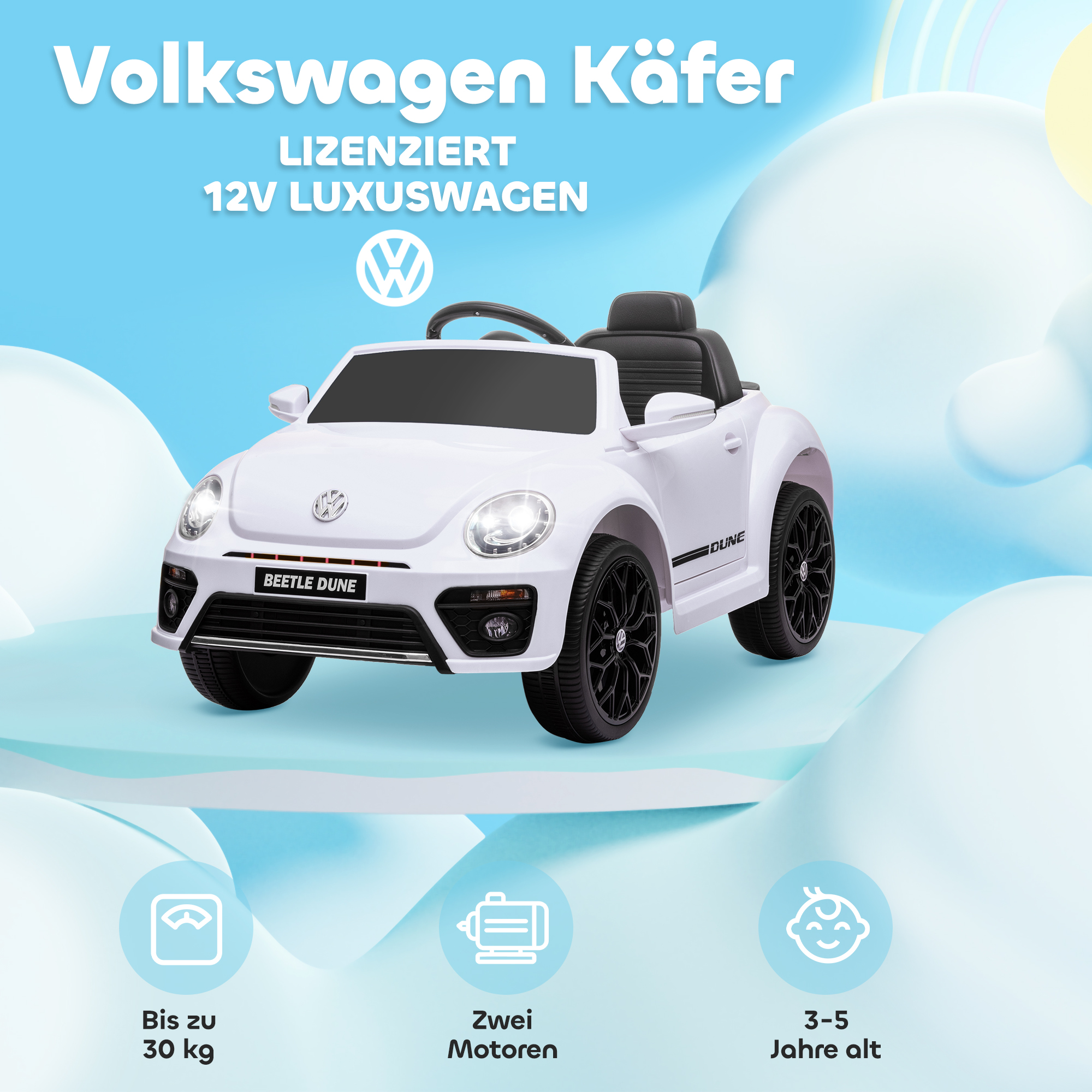 Elektro-Kinderfahrzeug, VW Käfer, 3-5 km/h, mit Fernbedienung & Musik, Weiß