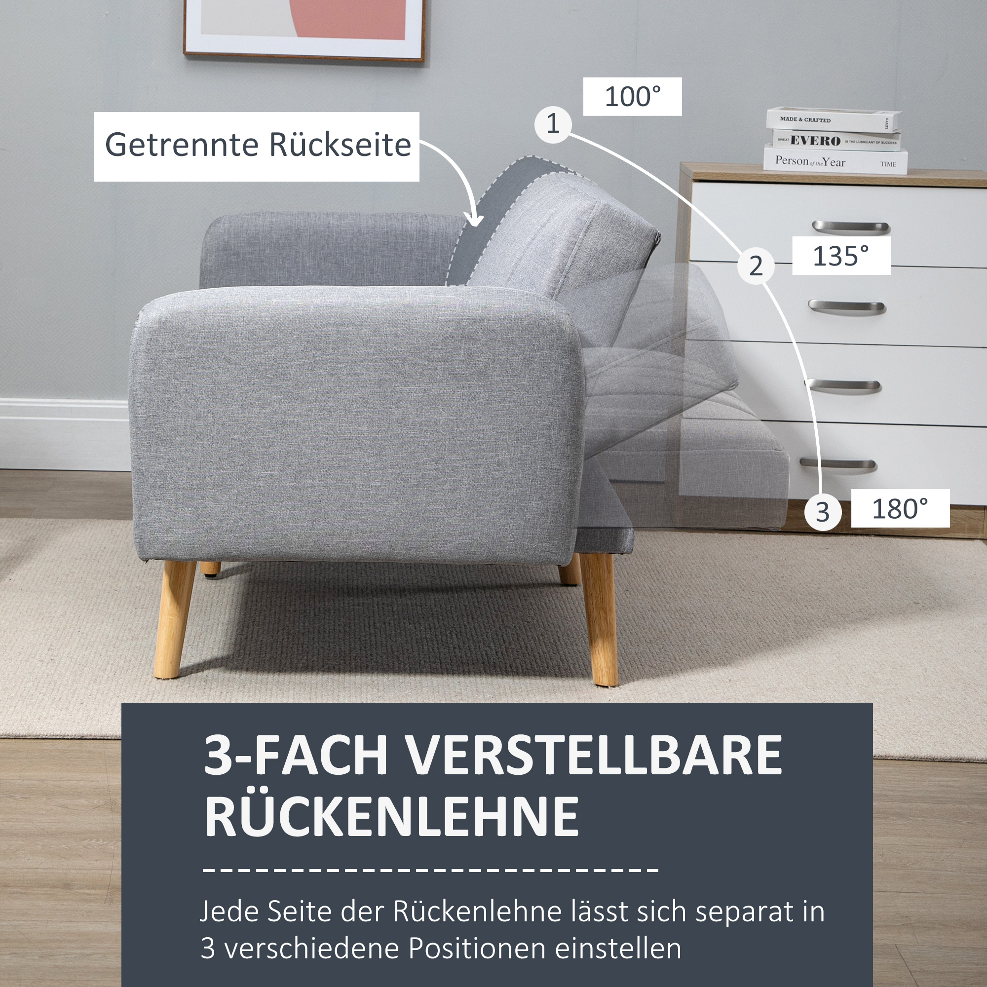 Schlafsofa, 2-Sitzer Stoffsofa, Sofa mit Schlaffunktion, leinenartiges Polyester, Kautschukholz, 173 x 75 x 73 cm, Grau