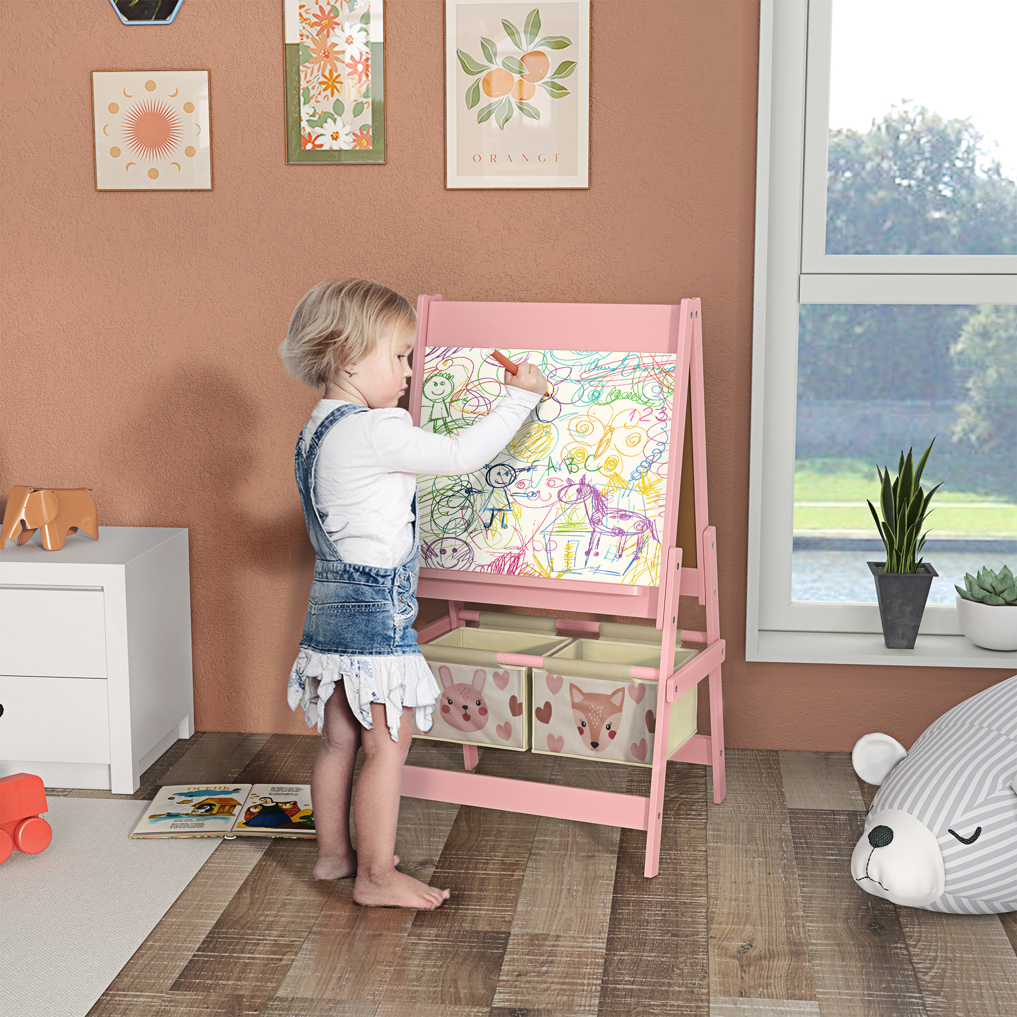 3-in-1 Kinder Staffelei mit Papierrolle, Kreidetafel, Whiteboard, Aufbewahrungskörbe, 54 x 46,5 x 93 cm, rosa