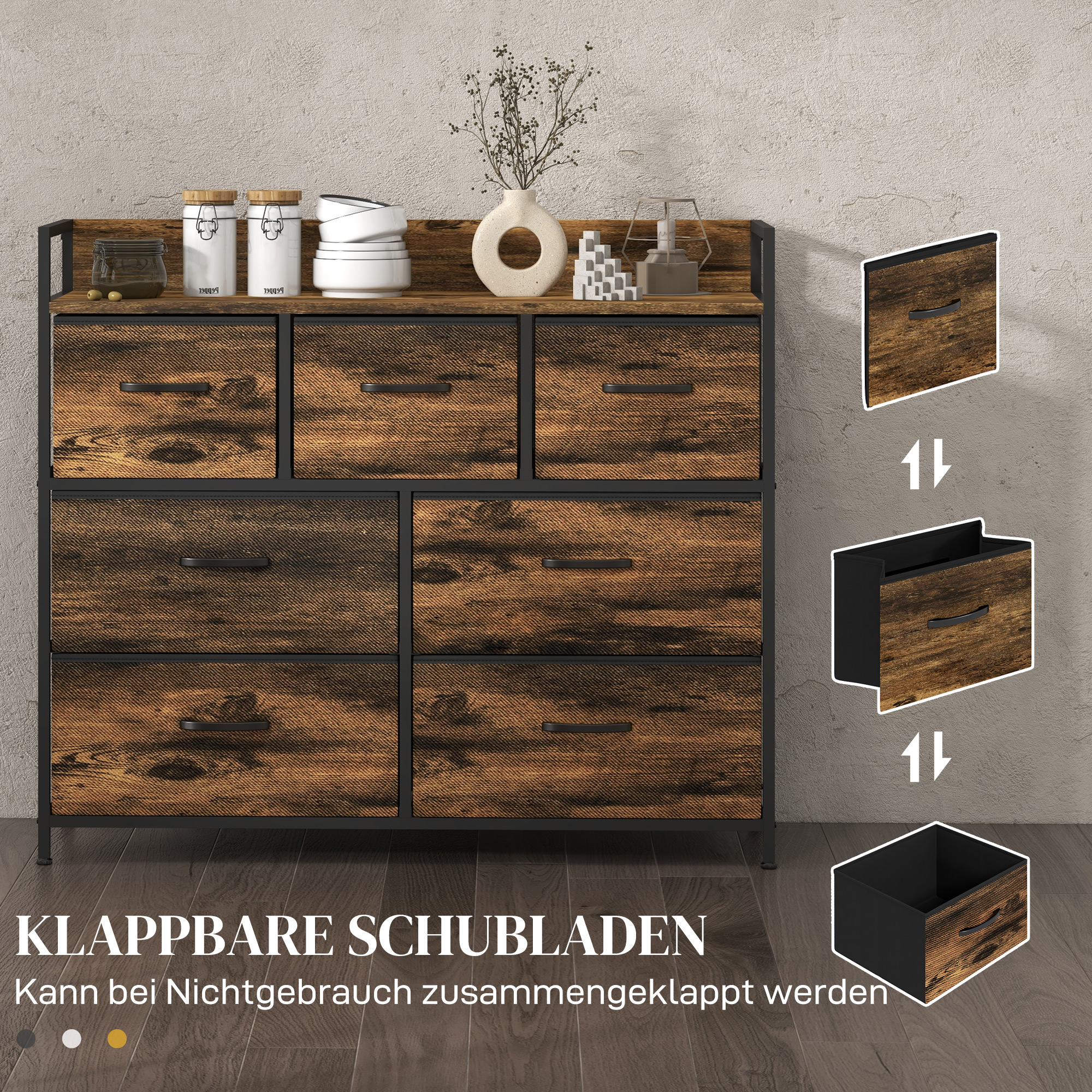 Kommode, Sideboard mit 7 Stoffschubladen, Industrial Design, Stahlrahmen, 98x29x85cm, Braun/Schwarz