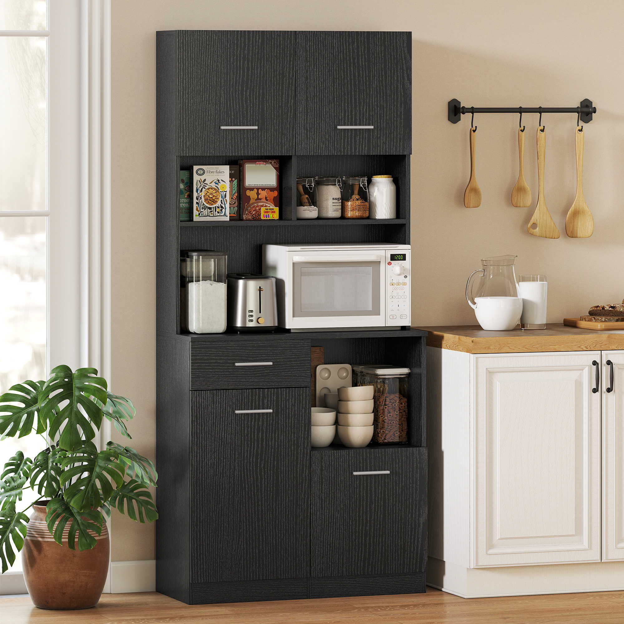 Küchenschrank, Buffet mit Schublade, Soft-Close Türen, 80 x 35 x 180 cm, Schwarz