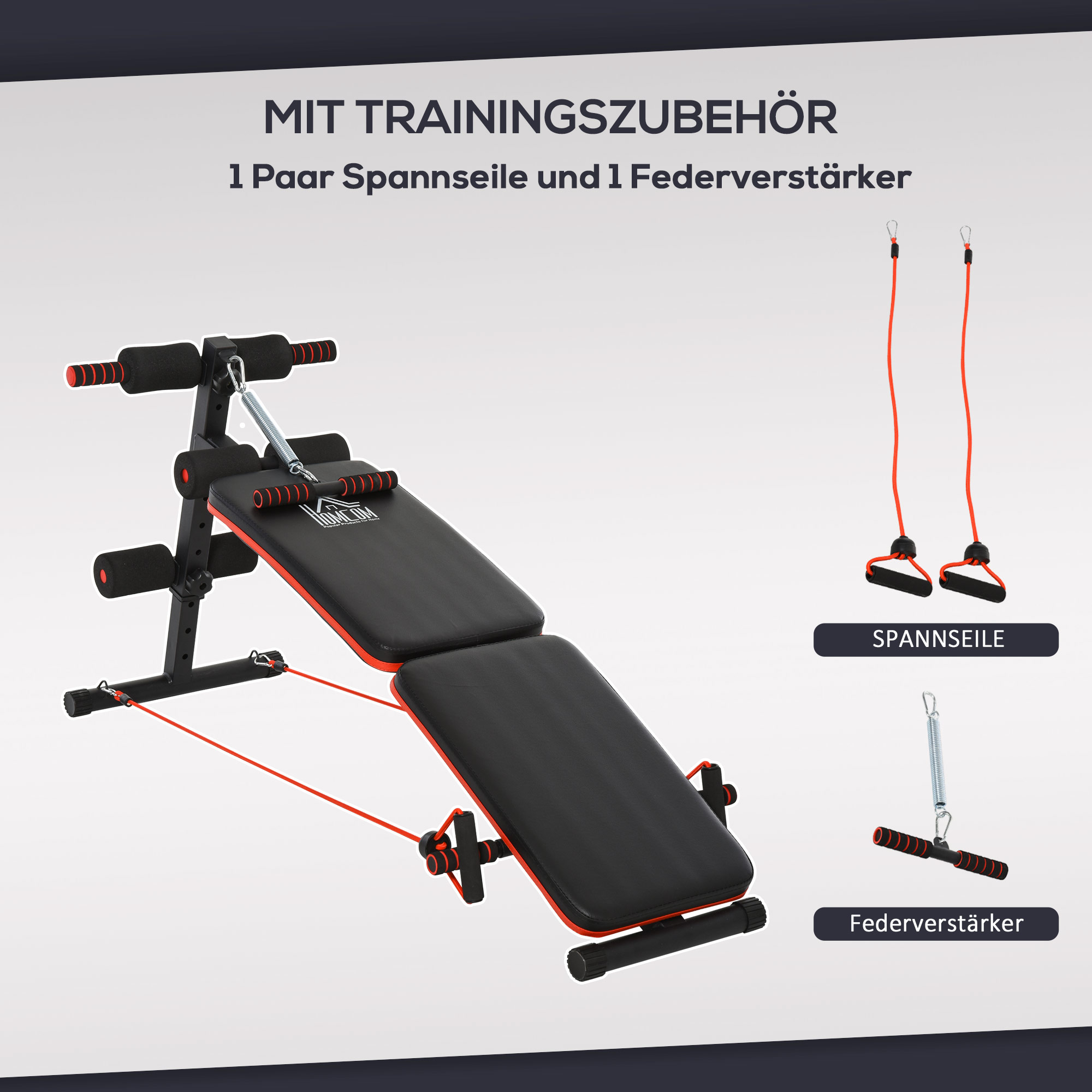 Sit Up Bank Bauchtrainer mit Trainingsseile Trainingsbank Multifunktion Verstellbar&klappbar 110 kg Belastbarkeit Stahl Schwarz+Rot 137 x 51 x 50-66 cm