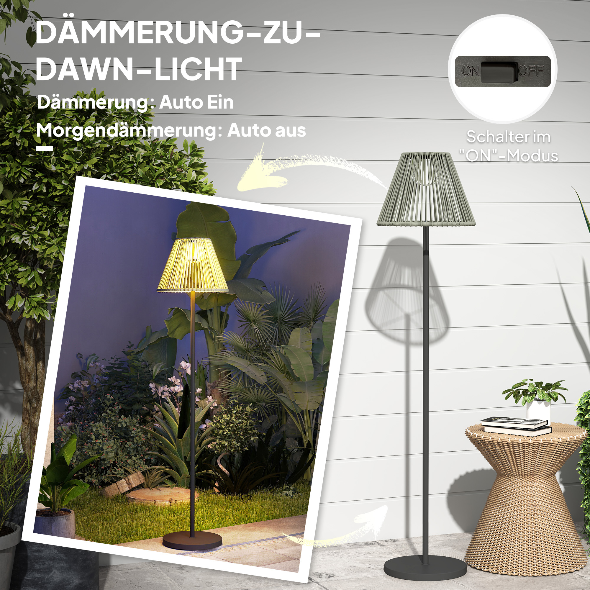 Solar Stehlampe Rattan Solarlampen mit Lichtsensor 25 LED-Lichte Solarleuchte im Boho-Stil Ø33 x 135 cm