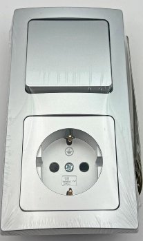 DELPHI Set Steckdose + Schalter + Rahmen, 250V~/ 16A, Steckanschluss, silber
