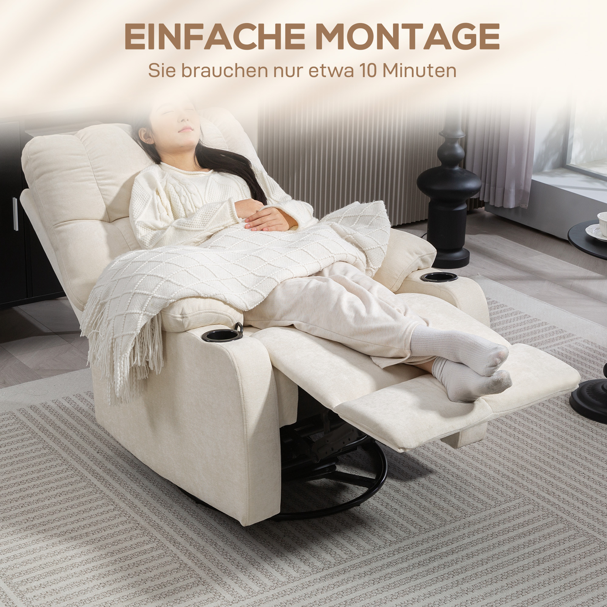 Relaxsessel mit Fußstütze, Liegesessel, drehbar, bis 150 kg, Stahlrahmen, 88x96x108cm, Beige