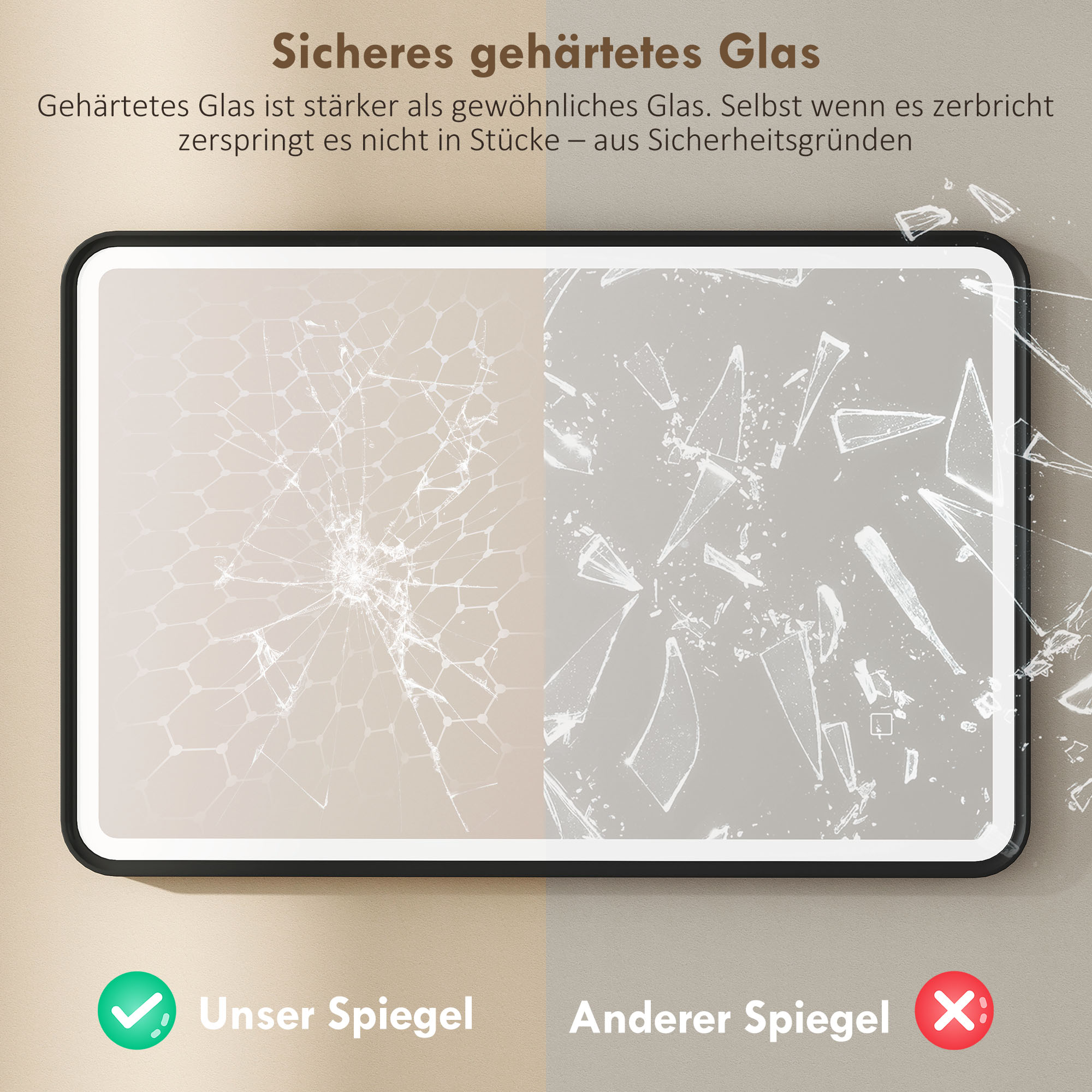 90 x 60 cm LED-Badezimmerspiegel, Lichter, 3 Farben, dimmbar, Memory-Funktion, horizontal und vertikal, Schwarz