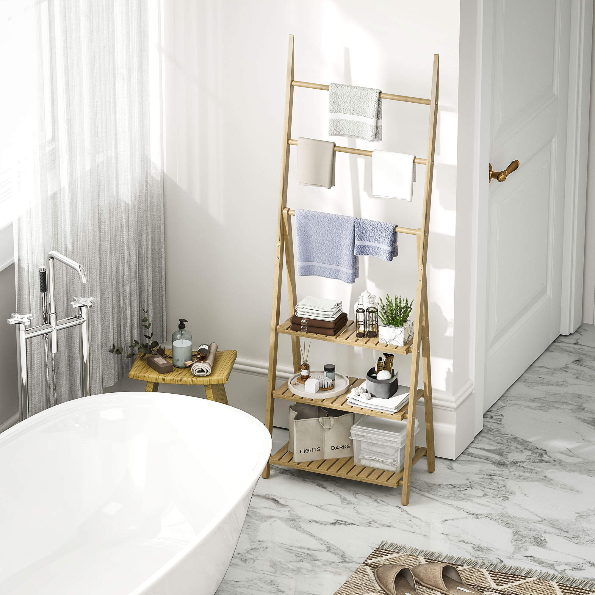 3-stufiges Badezimmerregal, 3 Handtuchhalter, Bambusrahmen, A-förmig, Lattenregale