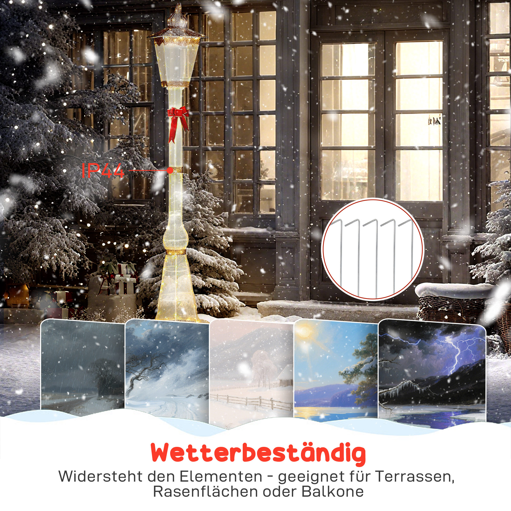 2,15 m beleuchteter Laternenpfahl, 155 LEDs, Outdoor-Weihnachtslaterne, Rote Schleife, wasserfest, für Garten, Terrasse