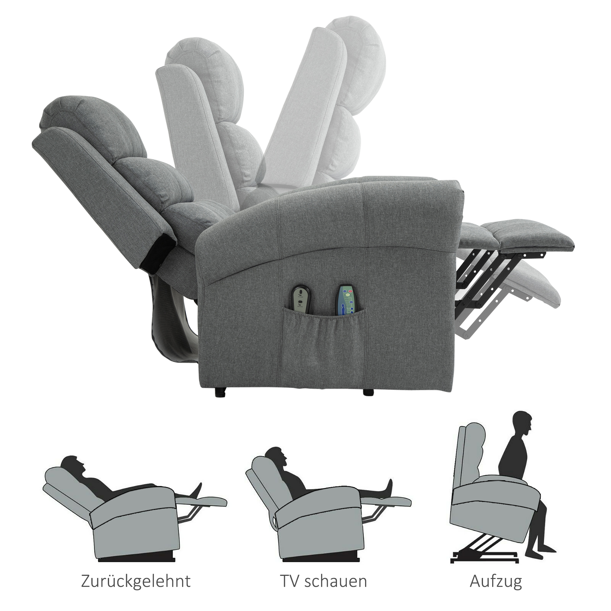 elektrischer Aufstehsessel Massagesessel mit Wärmefunktion Sessel mit Aufstehhilfe relaxsessel mit Fernbedienung Leinen Grau 90 x 91 x 106 cm