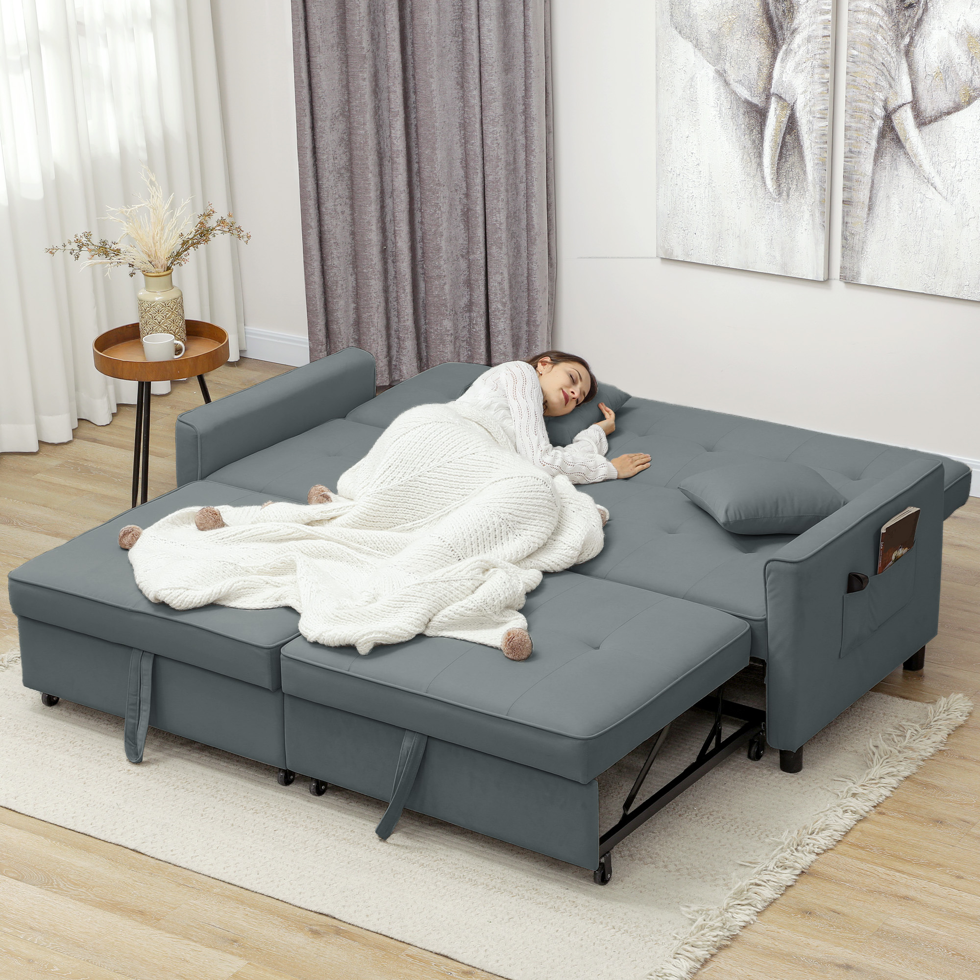Sofabett, verstellbare 3-Sitzer-Couch mit Bettfunktion, Schlafsofa mit ausziehbarem Bett, Kissen, Grau