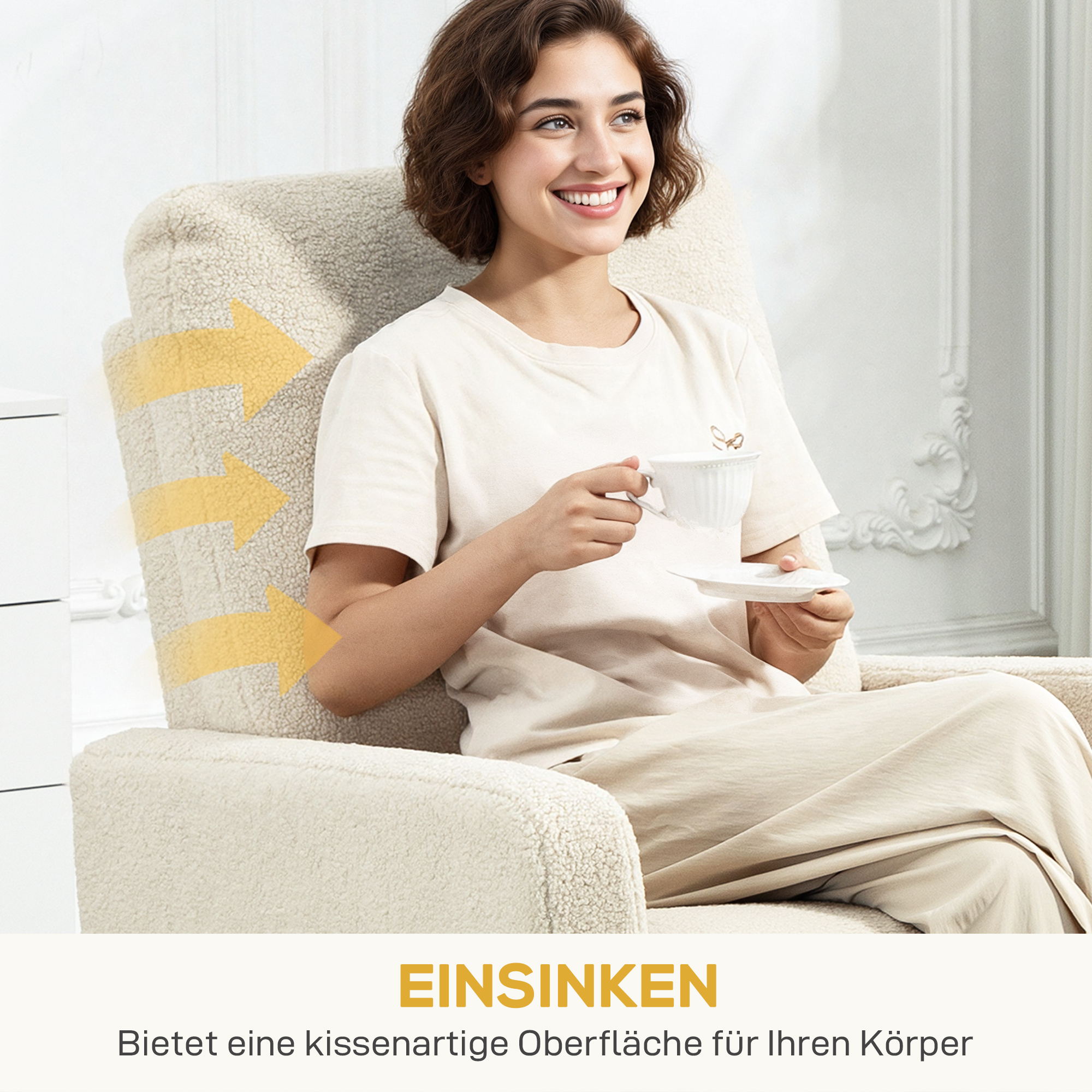 Recliner-Sessel, Entspannungssessel mit Fleece-Bezug, verstellbare Rückenlehne, Polstersessel, Stahl, Beige