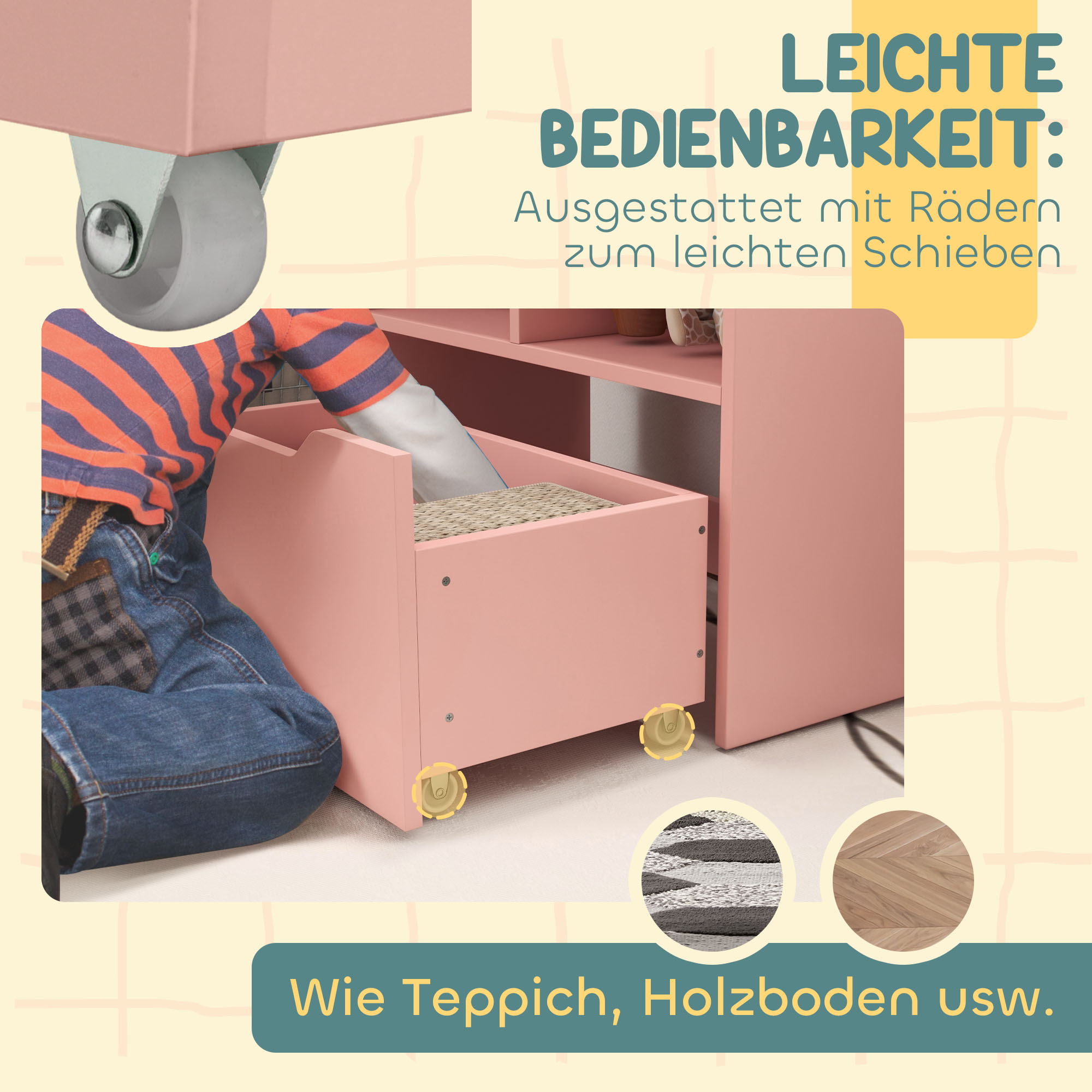 Kinderregal mit Schublade, Bücherregal mit Fächern, 60 x 29,9 x 90 cm, Rosa