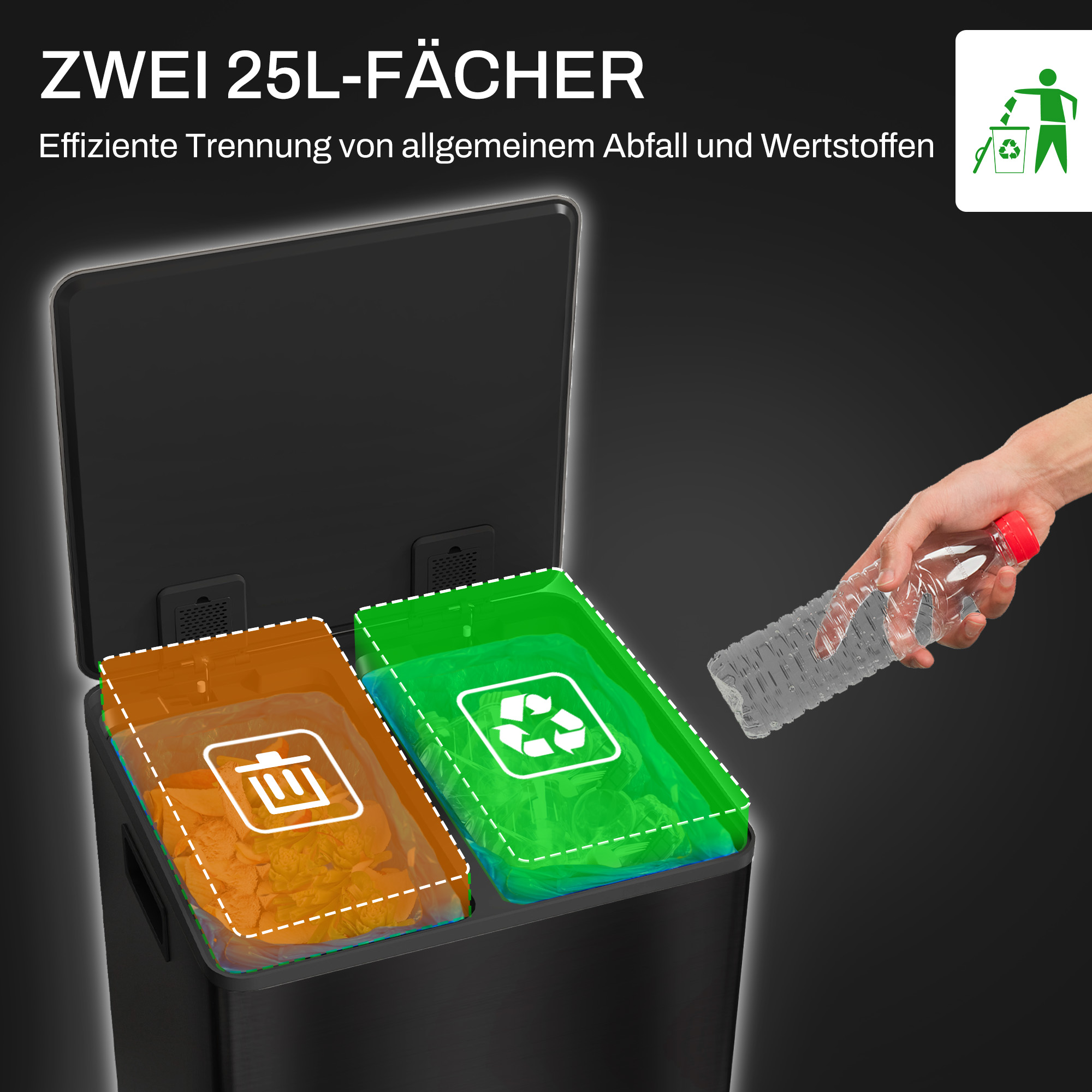 Mülleimer mit 2x25L Fächern, Soft-Close-Deckel, Fingerabdrucksicher, Edelstahl, Schwarz